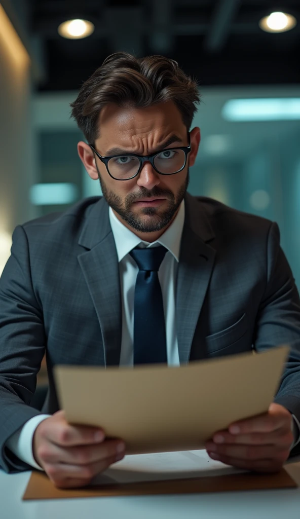 (tense office lighting) {a stern, boss in a gray suit and glasses, looking down at the project folder with a disapproving expression, brow furrowed, then glancing up at the man} (close-up on boss’s face). His eyes convey disappointment, creating a tense atmosphere. (Cool, muted color grading) to highlight the critical tone of the moment. (male focus, young handsome man)
 full body, handsome man