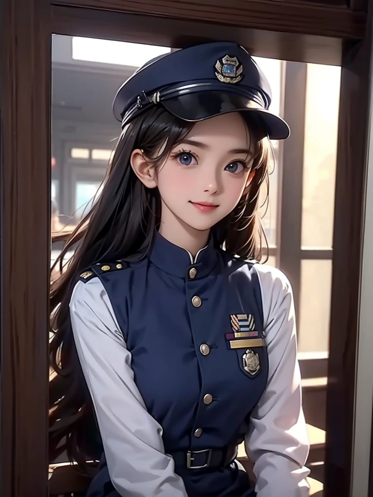 Hyper realistic photo, Cute busty girl with big eyes, large head, as a Playboy model wearing a cute police uniform with large eyes and big head tiny body laughing at a tea party