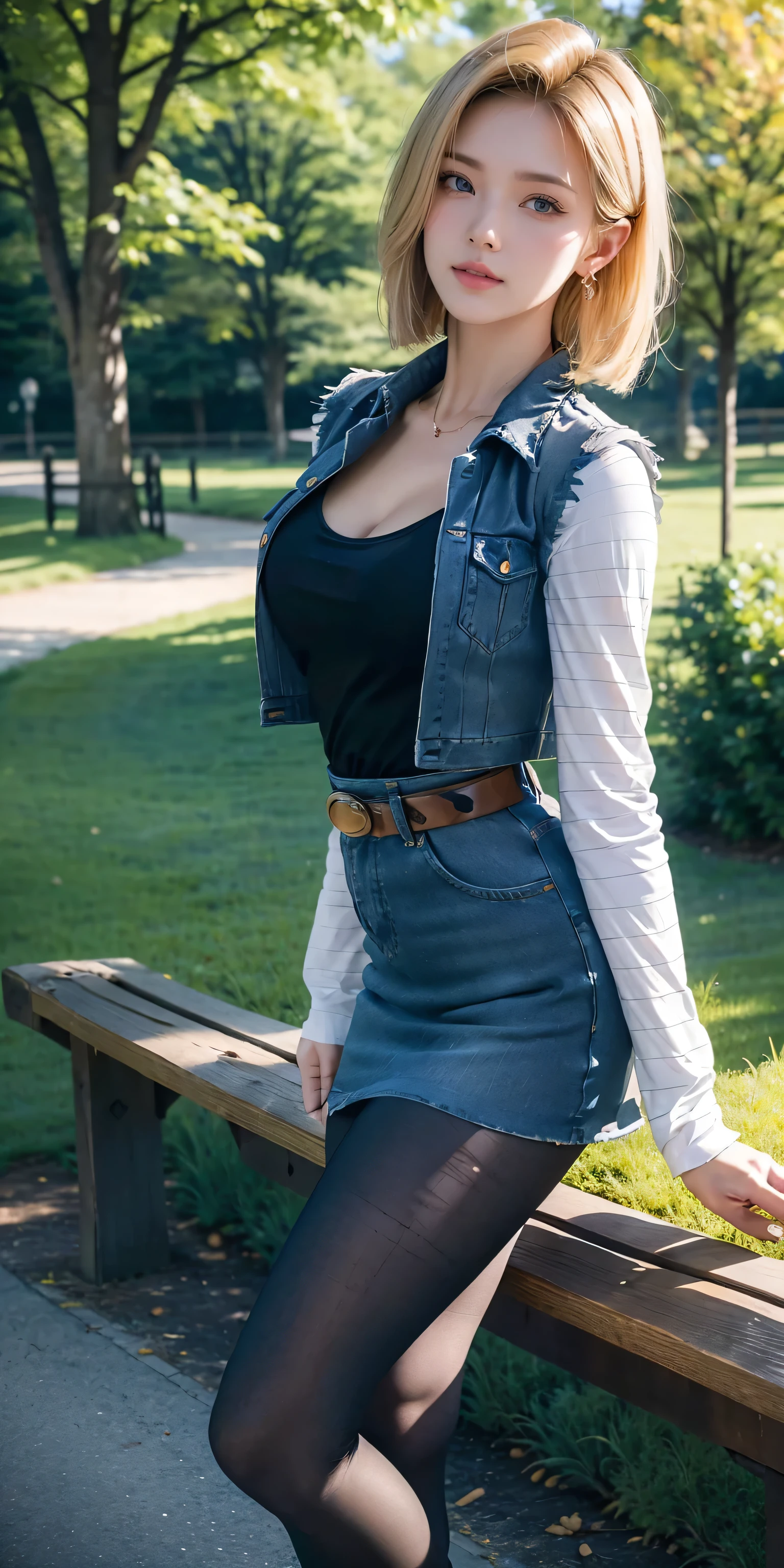 Android 18, Light Blonde hair, Medium Bob hair, Blue eyes, Wearing earrings, Long sleeves with black stripes on a white background, Blue denim mini vest, Blue denim mini skirt, The denim skirt's zipper seam line and stitching run vertically straight to the bottom of the skirt. , Open-chested denim vest, Black T-shirt with high cleavage, Large breasts, Women's Western Cowgirl Belt, Dark brown see-through pantyhose, Western short boots, Looking at viewer, On a bench, Slight smiling with closed lips standing next to bench , Blue sky, , outside, park, grass, Summer, trees, blue sky, high quality, masterpiece,