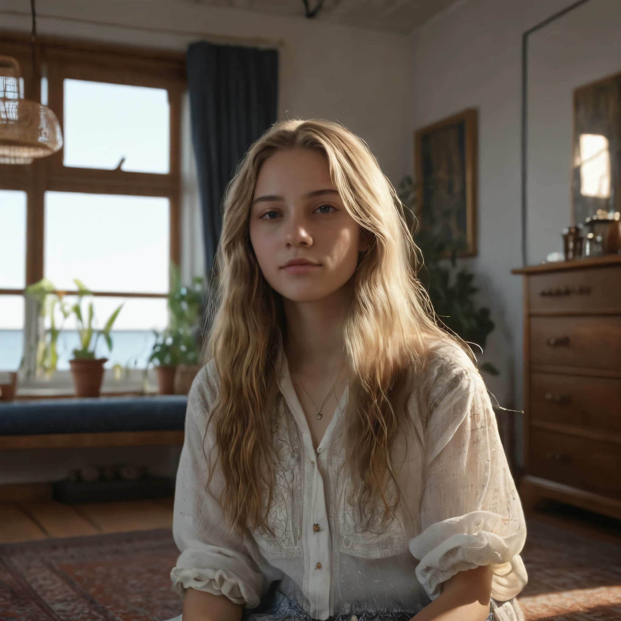 Blond woman sitting on a rug in a room with a window - SeaArt AI