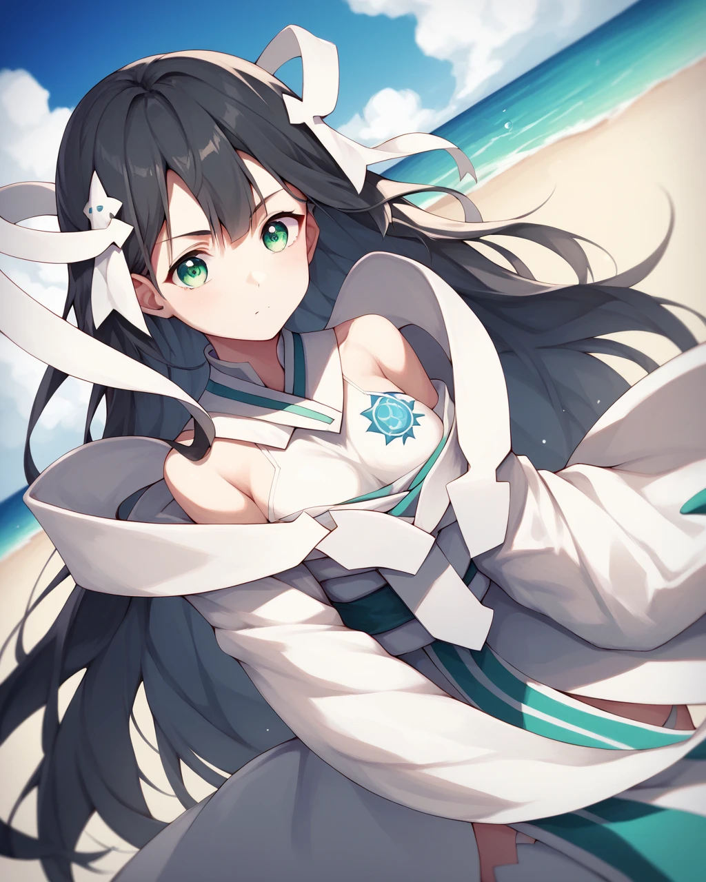  score_9,  score_8_up,  score_7_up,  score_6_up,  score_5_up,  score_4_up, Blake sauce standing on the beach _Anime,
 1 girl, Alone, Long Hair,  black hair, Hair accessories, green eyes, Hair between the eyebrows, bangs,   hair bow,  white gloves,  detachable sleeve ,  bare shoulders,white thighhighs,Magical Girl,