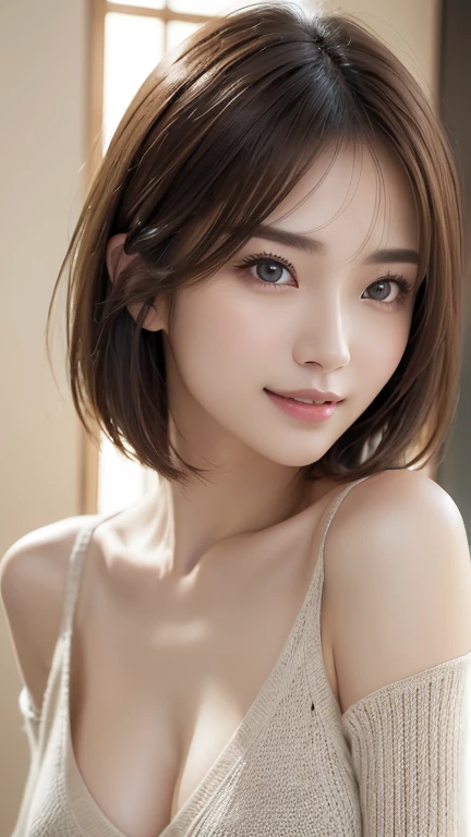masutepiece, Best Quality, Illustration, Ultra-detailed, finely detail, hight resolution, 8K Wallpaper, Perfect dynamic composition, Beautiful detailed eyes,Short bob hair,Big Natural Color Lip, Bold sexy poses,Smile,Shibuya、a 25 year old girl、Cute、Subject looking at sexy pose on camera,Gravure Model Pose、Hair flutters in the wind