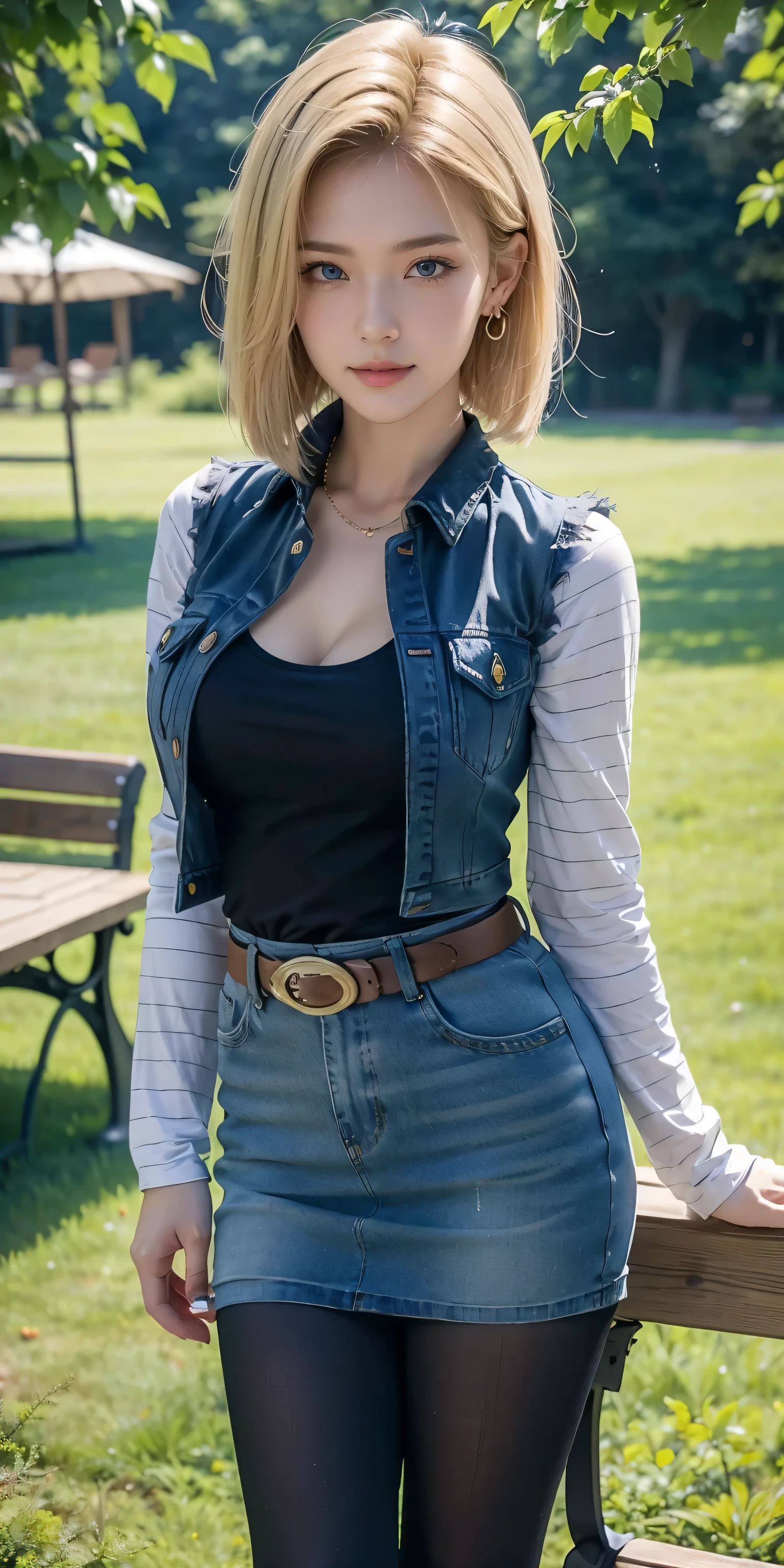 Android 18, Light Blonde hair, Medium Bob hair, Blue eyes, Wearing earrings, Long sleeves with black stripes on a white background, Blue denim mini vest, Blue denim mini skirt, The denim skirt's zipper seam line and stitching run vertically straight to the bottom of the skirt. , Open-chested denim vest, Black T-shirt with high cleavage, Large breasts, Women's Western Cowgirl Belt, Dark brown see-through pantyhose, Western short boots, Looking at viewer, On a bench, Slight smiling with closed lips standing next to bench , Blue sky, , outside, park, grass, Summer, trees, blue sky, high quality, masterpiece,
