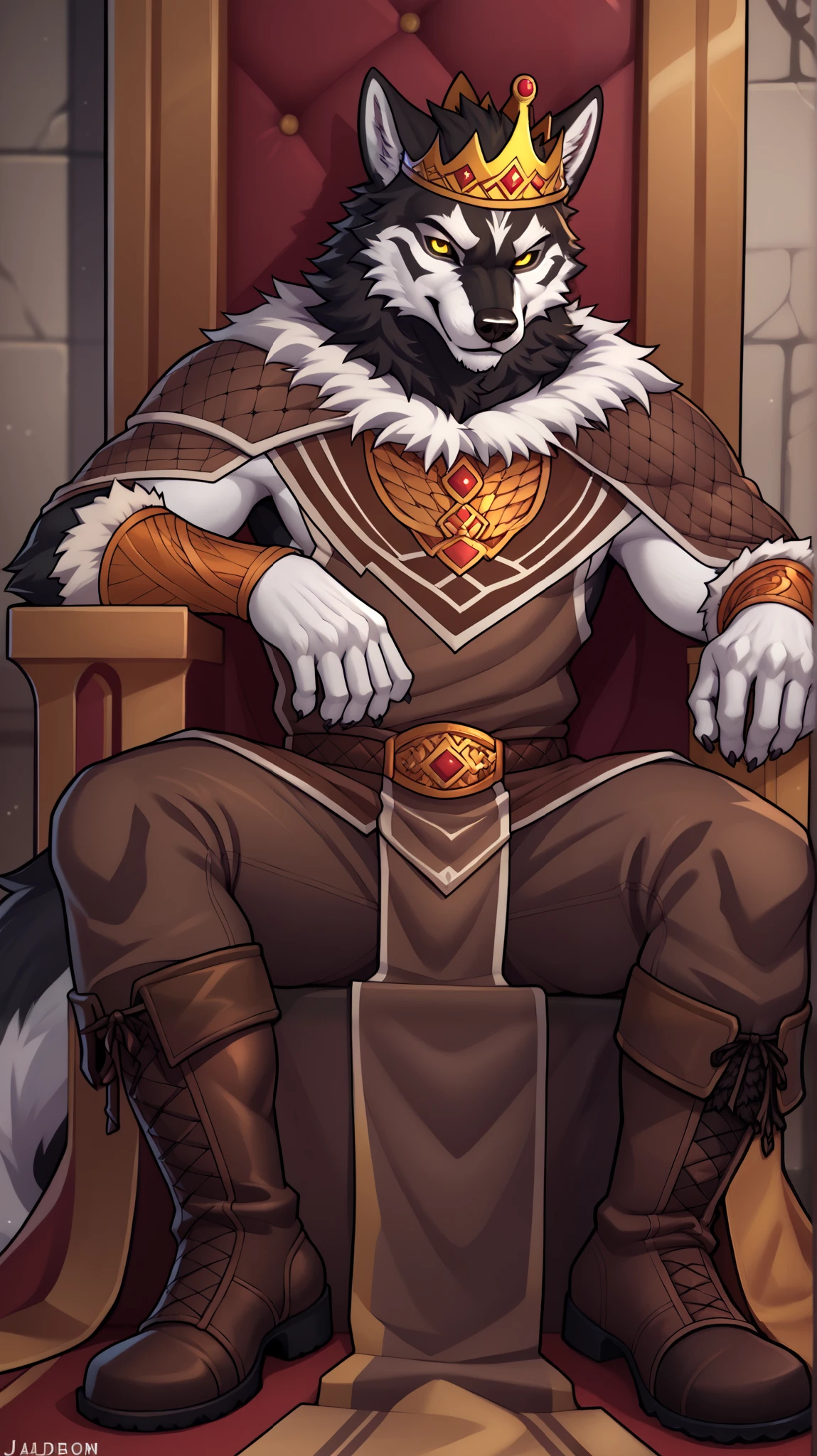 (zPDXL2), (PonyXLV6_Scores), source_anime, source_anthro, source_furry, Expressiveh, full-body shot with legs and feet's, cowboy shot, asymmetric image, BREAK
(lhata4564, male, solo, furry, anthro), (sitting, seat on throne, nordic King), (38 years old, athletic, wolf man, fur body, fluffy tail, strong figure, detailed body, black fur), (short white hair), (royal nordic top and bottom brown outfit with boots, nordic King brown outfit, jarl golden outfit, with white fur mantle, wearing diadem crown:1.3), (golden eyes, detailed eyes), (wolf ears, ears jewelry, accessories), colored image, royal Lord hall background