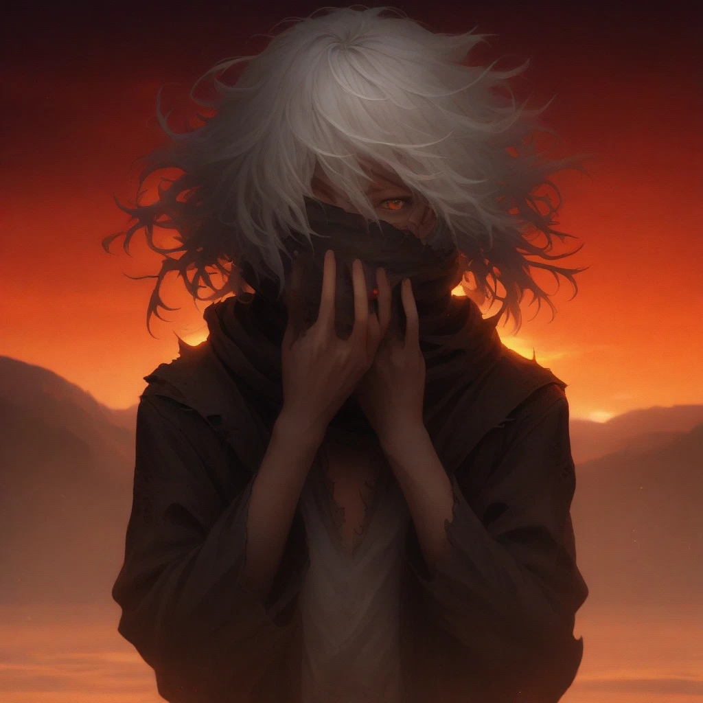 "A mysterious character with messy, white-gray hair stands against a red and orange sunset sky, partially covering their face with a large, realistic hand attached to a strange, mask-like object. The character has an intense, unsettling expression visible through their fingers, conveying a sense of menace and inner turmoil. Shadows accentuate their facial features and the hand's details, with dark, tattered clothing on their body. The background has a dramatic sunset gradient, adding an ominous atmosphere to the scene."