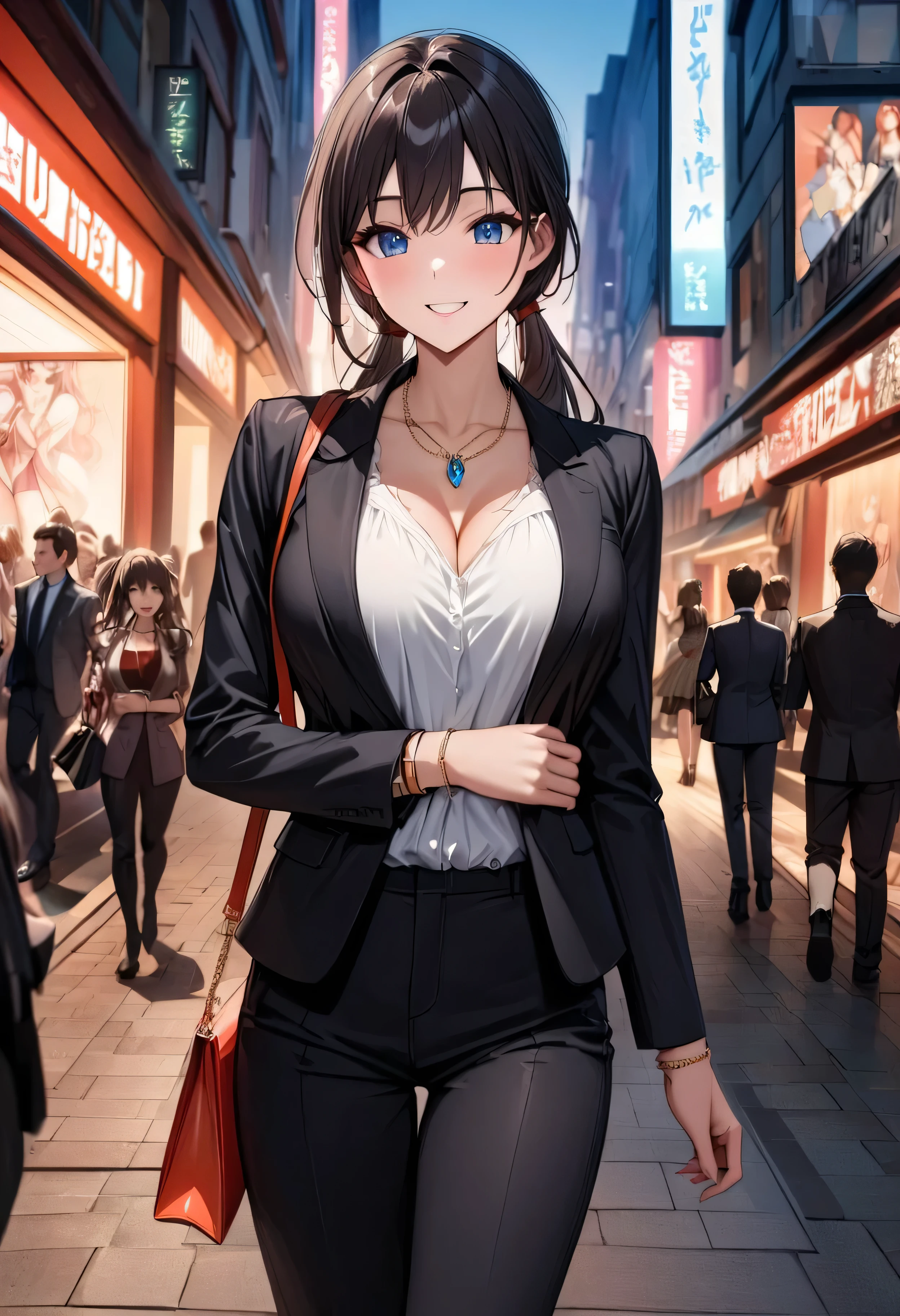 Best Quality、Ultra-precision、Detailed drawing、 vibrant colors、Beautiful girl 、Age 30、Woman walking in the city、 black business suit 、blouse、Skin gloss、Beautiful big boobs、Beautiful figure、 ponytails、 handbag 、A very ecstatic smile、 slender figure、Accurate depiction、 bright orange and dark light blue 、 jewel necklace 、 Bracelets、