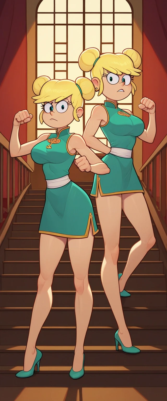 leni loud, 2girl, duo, 24yo girl, large breasts, green cheongsam,  inside of a chinese temple, looking at viewer, blonde hair, two hair buns , hands  score_9, score_8_up, score_7_up, high heels, teep fighting stance,martial arts, stairs behind her, guarding the stairs, chest window, twins