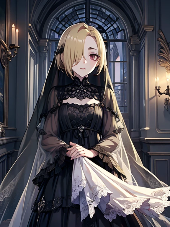 (Super detailed:1.3), ((((Best Quality)))), ((masterpiece)),  for women, Alone,HotFire,  stunning beauty, powerful brilliance ,   detail face ,  detail eyes , Detailed lips,castle interior background,(night),moonlight,Black mourning clothes,(( mourning veil )),red eyes, (Pale skin:1.2),Melancholic expression, straight bang ,Cover your forehead with bangs , almond-shaped eyes , very cute face,Cowboy Shooting, (Hair on one eye), Sheer Sleeves , ( blonde hair, Hair above the eyes,  short hair) ,  Brown Eyes  ,  flat chest,