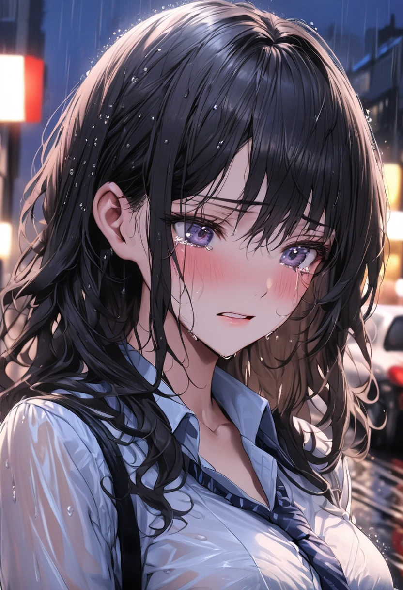 (looking at viewer:1.5),Looking up、(Hands are put together in front of the chest:1.5)、
Realistic, real person, (pale skin: 1.2), RAW photo, photorealistic, shiny skin, shiny hair、
(A 25-year-old woman with straight hair and bangs) and (medium hair) and (black hair) and (purple eyes) ,
(Wearing a business suit) and (Wearing a white collared shirt)、
、blush,(tearful:1.5),The background is the city at night,