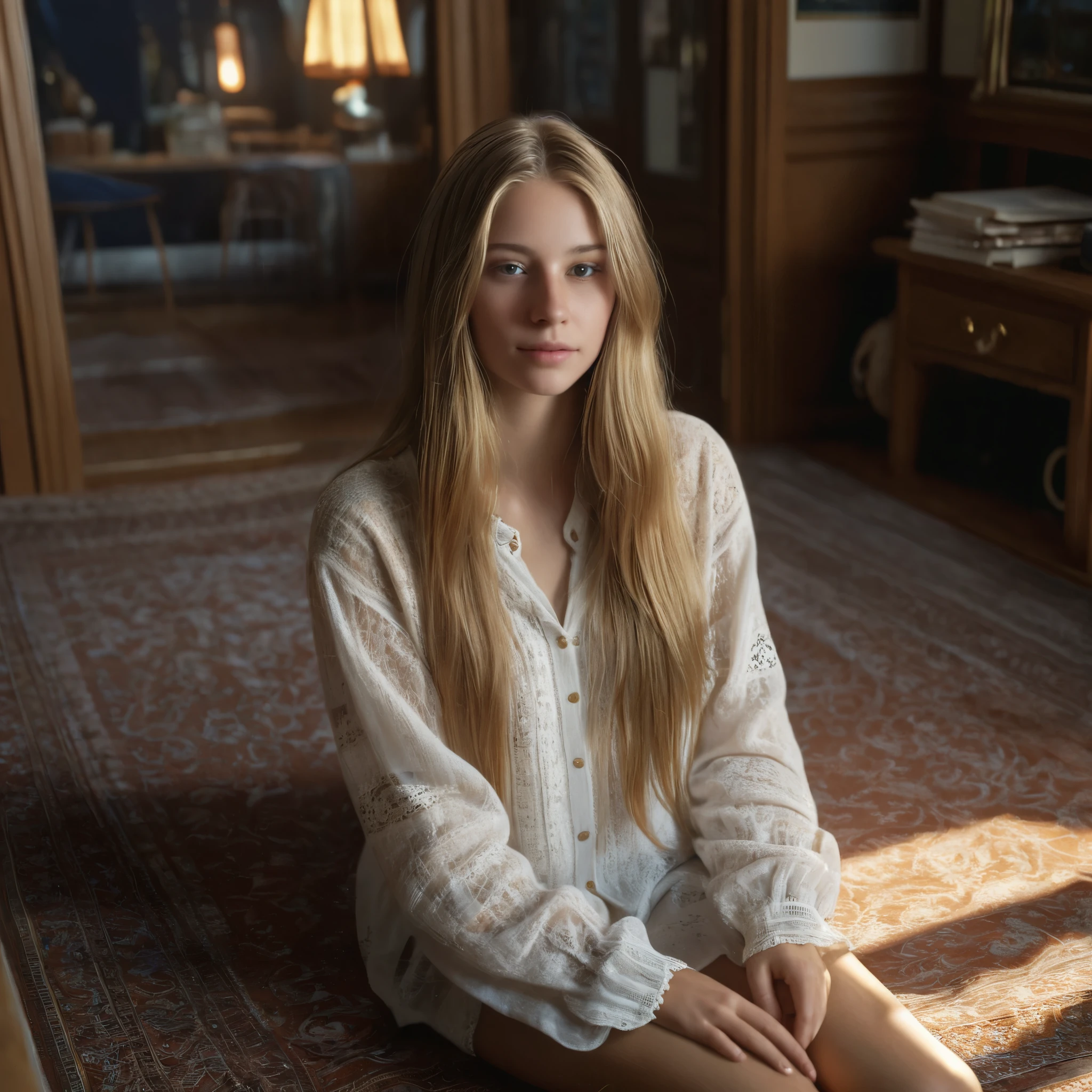 Blonde woman sitting on a rug in a room with a fireplace - SeaArt AI