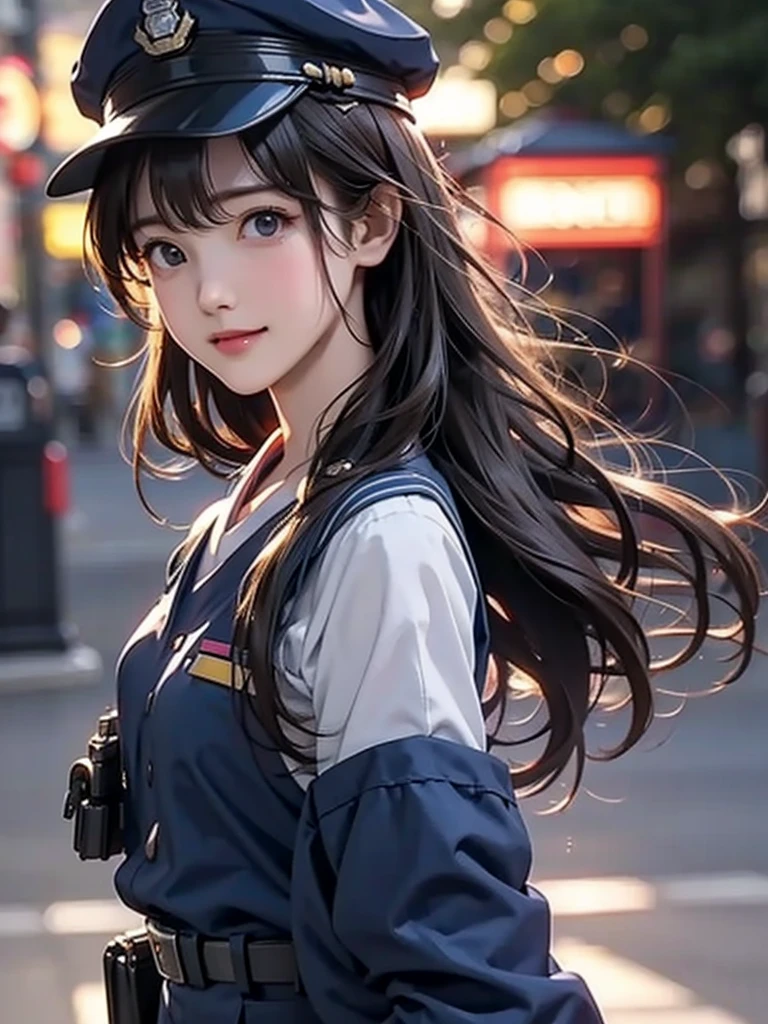  Hi-Res、8k、Best Quality、 Details、Semi-realistic anime、3D anime style、 smooth animated CG、 one girl 、 30 year old Japanese woman 、slim、Modeling、 shiny brown hair、 Detailsな顔、Beautiful and  Details、 glowing skin 、 Hard Focus 、 Film Grain 、 soft writing、 I'm looking at this、smile、( cosplay、Police Officer、Police hat、In front of the police box、Navy blue uniform)