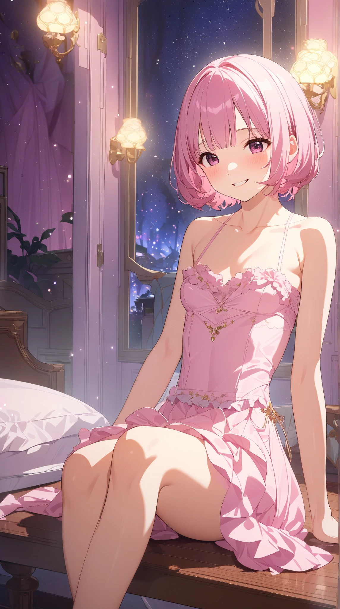 ((8k, Highest quality, masterpiece: 1.3)),Ultra-high resolution,(1 girl, alone), (Color changing eyes, Ultra-detailed, Expressive brilliance, Glitter, Glowing Eyes), Highly detailed eyes, Highly detailed face, Random Hair, ((pastel colour))A serene young woman with pastel peach hair styled into a loose bun, lying on her stomach on the bed during a tranquil evening. She is wearing a soft green bikini with subtle patterns. The camera captures her from a side angle as she rests her chin on her hands, her legs bent at the knees, and her feet gently kicking the air. The room is softly illuminated by a bedside lamp, with a peaceful and calming ambiance created by soft lighting and gentle tones in the decor.