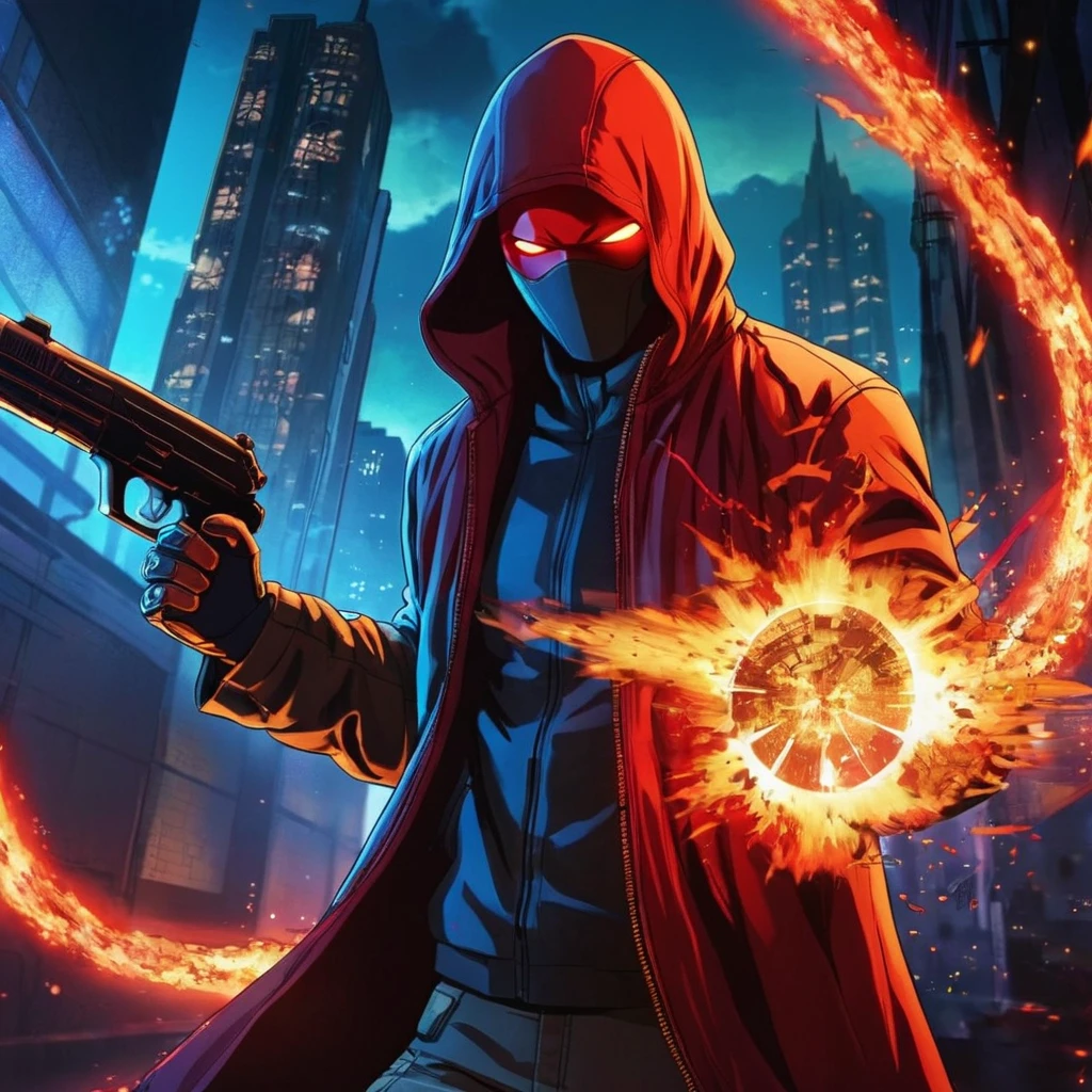 anime artwork of  Red Hood a man in a hoodie and a hoodie holding a gun with big explosion in background in Gotham city universe, anime style, key visual, vibrant, studio anime,  highly detailed