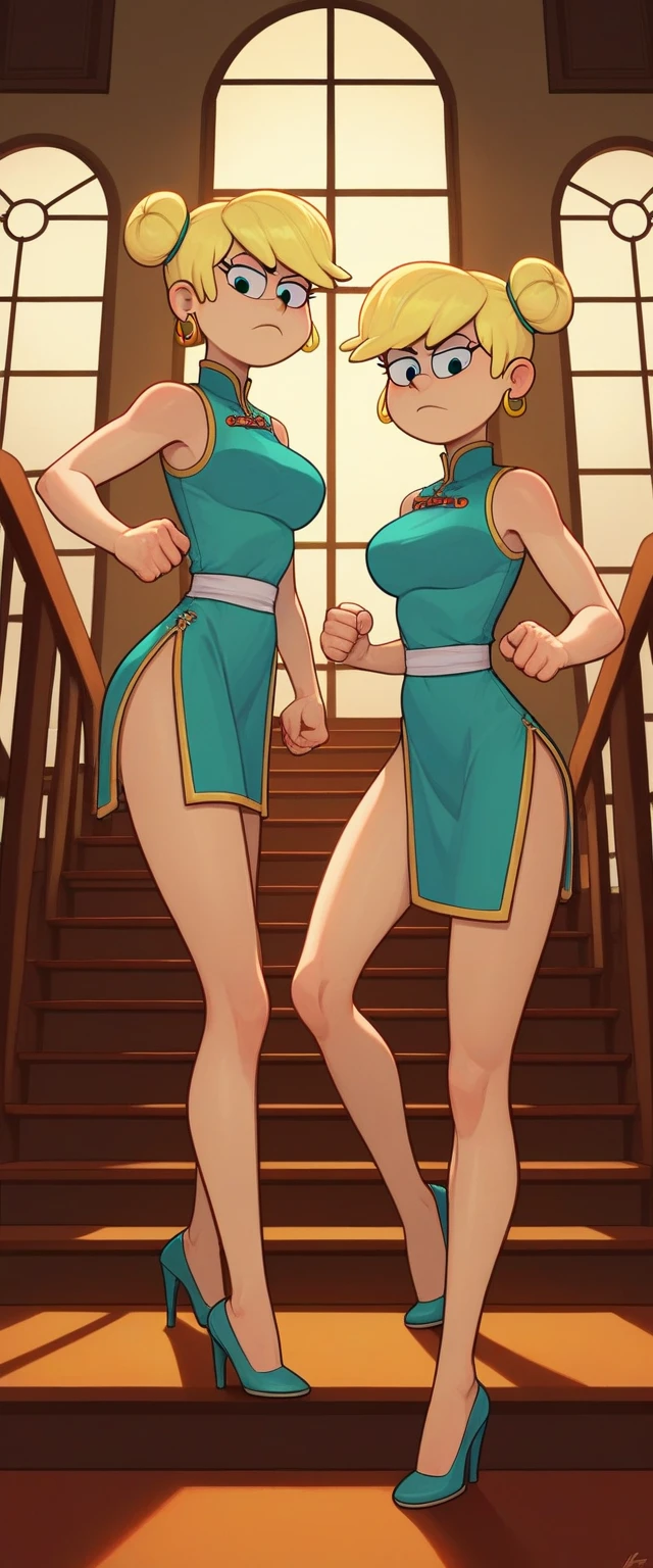 leni loud, 2girl, duo, 24yo girl, large breasts, green cheongsam,  inside of a chinese temple, looking at viewer, blonde hair, two hair buns , hands  score_9, score_8_up, score_7_up, high heels, teep fighting stance,martial arts, stairs behind her, guarding the stairs, chest window, twins