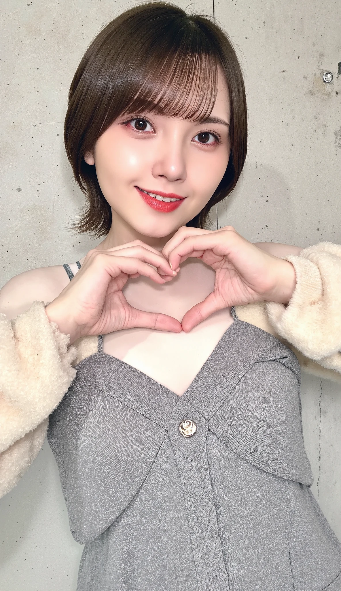 Only one woman with a cute smile wears cute, fluffy off-shoulder pajamas, makes a big heart shape with both hands, and poses them in front of her chest, View above collarbone、The background is a monotone 

