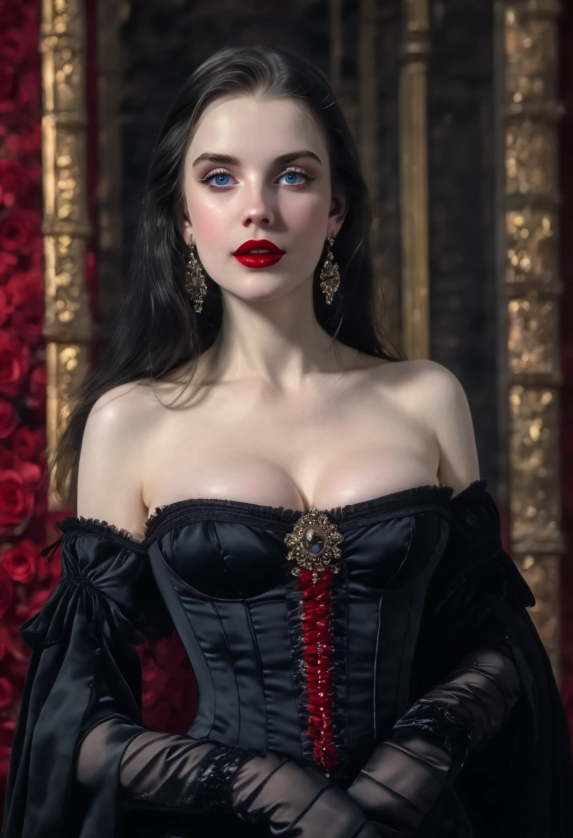 ((Old Victorian painting)) ((Close-up portrait of a face)) ((very beautiful tall Russian supermodel)) ((big Blue eyes)) ((full red lips)) ((seductive look, seductive smile)) ((pale skin)) ((long straight black hair)) ((big breasts:1.6)) ((wear a strapless black corset thong)) ((earrings, e.g, gloves, scarf)) ((very seductive pose)) ((Castle Tower)) ((at night, without backlight))((a high resolution:1.5)) ((masterpiece:1.5))((8 K:1.5)) ((Best quality:1.4)), more_details:-1, more_details:0, more_details:0.5, more_details:1, more_details:1.5