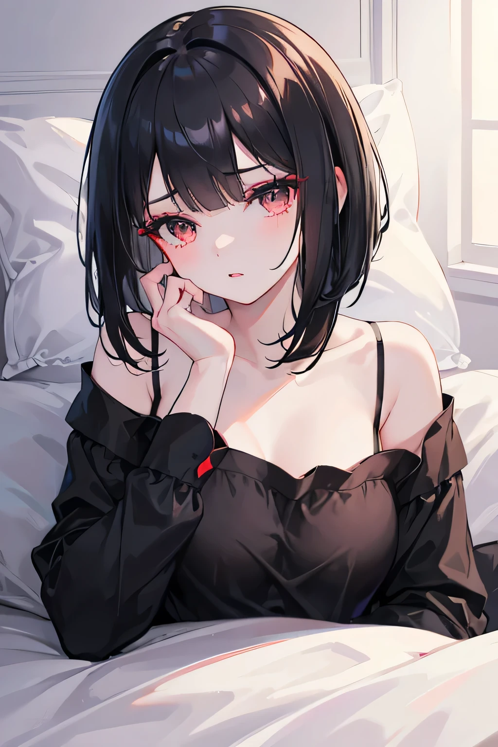 Amazing portrait of a sexy and cute girl with a short bob hairstyle and a seductive gaze who is blushing intensely with parted lips and is desperate and flustered and lustful wearing an off shoulder orange t shirt showcasing her bare shoulder while lying on bed
