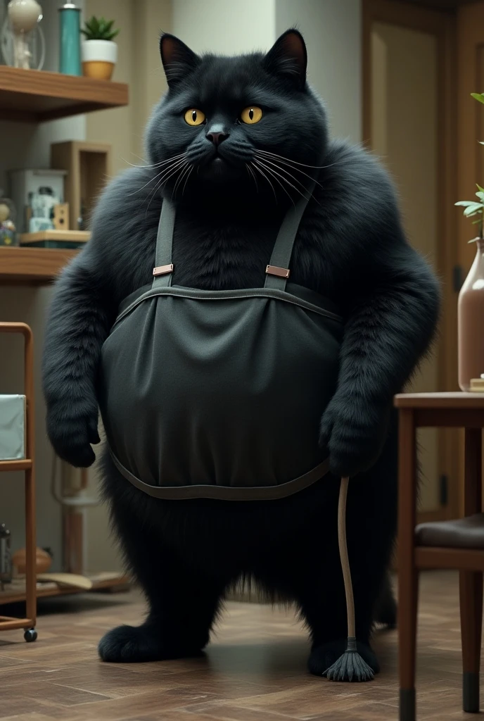 live-action,  super reality, huge fluffy black cat ,  bipedal:1.5, Bad look in the eyes:1.2,  gray coat from face to stomach:1.3, Huge fluffy black cat in a green apron , living:1.3, cleaning機, cleaning,  masterpiece, UHD, high details, best quality,  highres icon, 16k