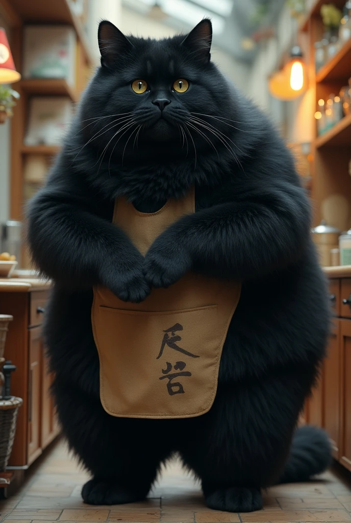 live-action,  super reality, huge fluffy black cat ,  bipedal:1.5, Bad look in the eyes:1.2,  gray coat from face to stomach:1.3, Huge fluffy black cat in a green apron , living:1.3, cleaning機, cleaning,  masterpiece, UHD, high details, best quality,  highres icon, 16k