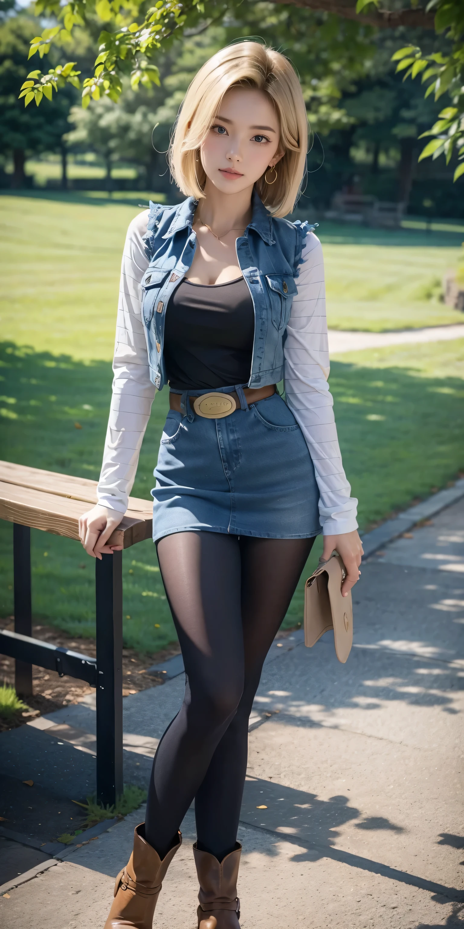Android 18, Light Blonde hair, Medium Bob hair, Blue eyes, Wearing earrings, Long sleeves with black stripes on a white background, Blue denim mini vest, Blue denim mini skirt, The denim skirt's zipper seam line and stitching run vertically straight to the bottom of the skirt. , Open-chested denim vest, Black T-shirt with high cleavage, Large breasts, Women's Western Cowgirl Belt, Dark brown see-through pantyhose, Western short boots, Looking at viewer, On a bench, Slight smiling with closed lips standing next to bench , Blue sky, , outside, park, grass, Summer, trees, blue sky, high quality, masterpiece,