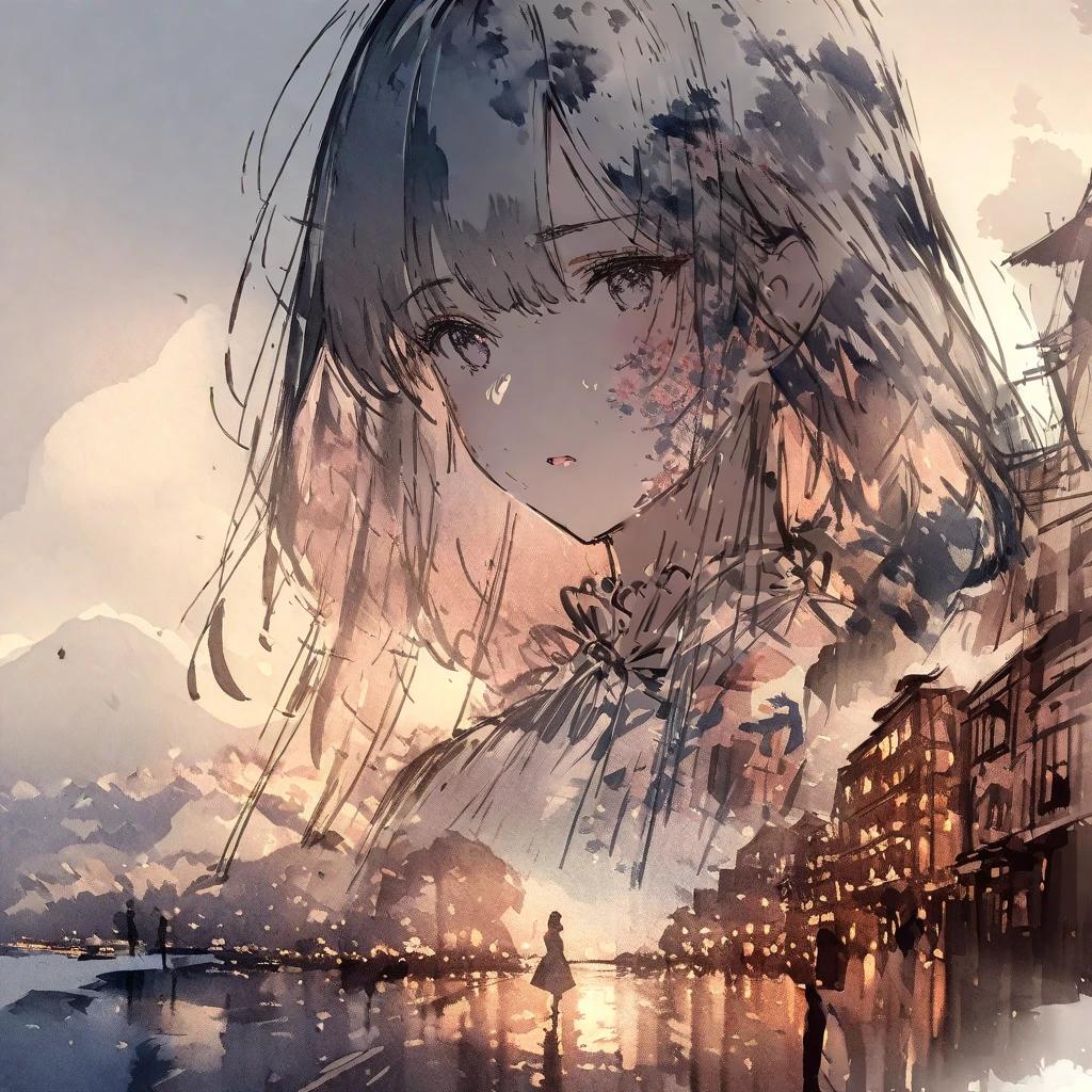 ((sketch:1.5)), ((watercolor:1)), Double Exposure of a Beautiful and Delicate Woman (The face is clear and perfect)image，Background、 Perfect Super Detailed Victorian Scenery , beautiful, beautiful笑顔, complicated illustration,  Artwork Concept Artwork, break,(Without Acting 、 Nobody Goes Away ),