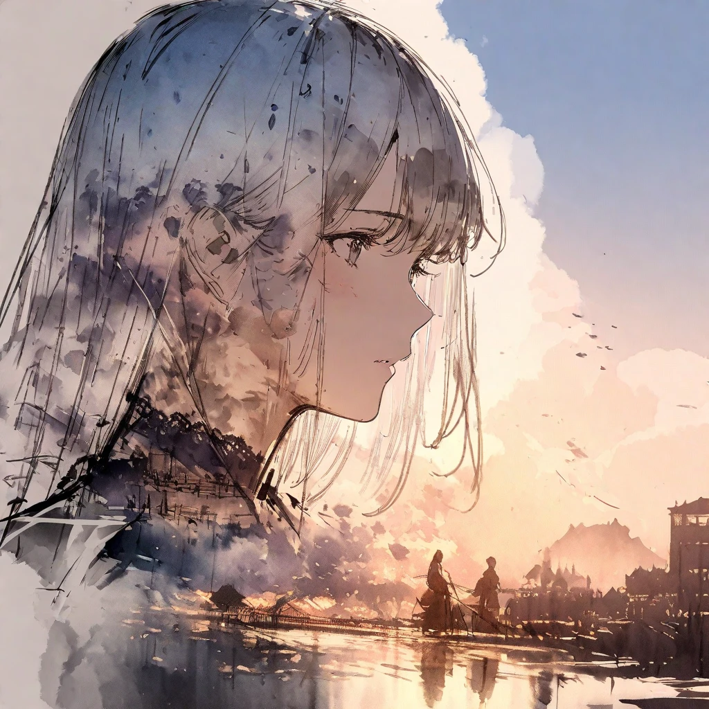 ((sketch:1.5)), ((watercolor:1)), Double Exposure of a Beautiful and Delicate Woman (The face is clear and perfect)image，Background、 Perfect Super Detailed Victorian Scenery , beautiful, beautiful笑顔, complicated illustration,  Artwork Concept Artwork, break,(Without Acting 、 Nobody Goes Away ),