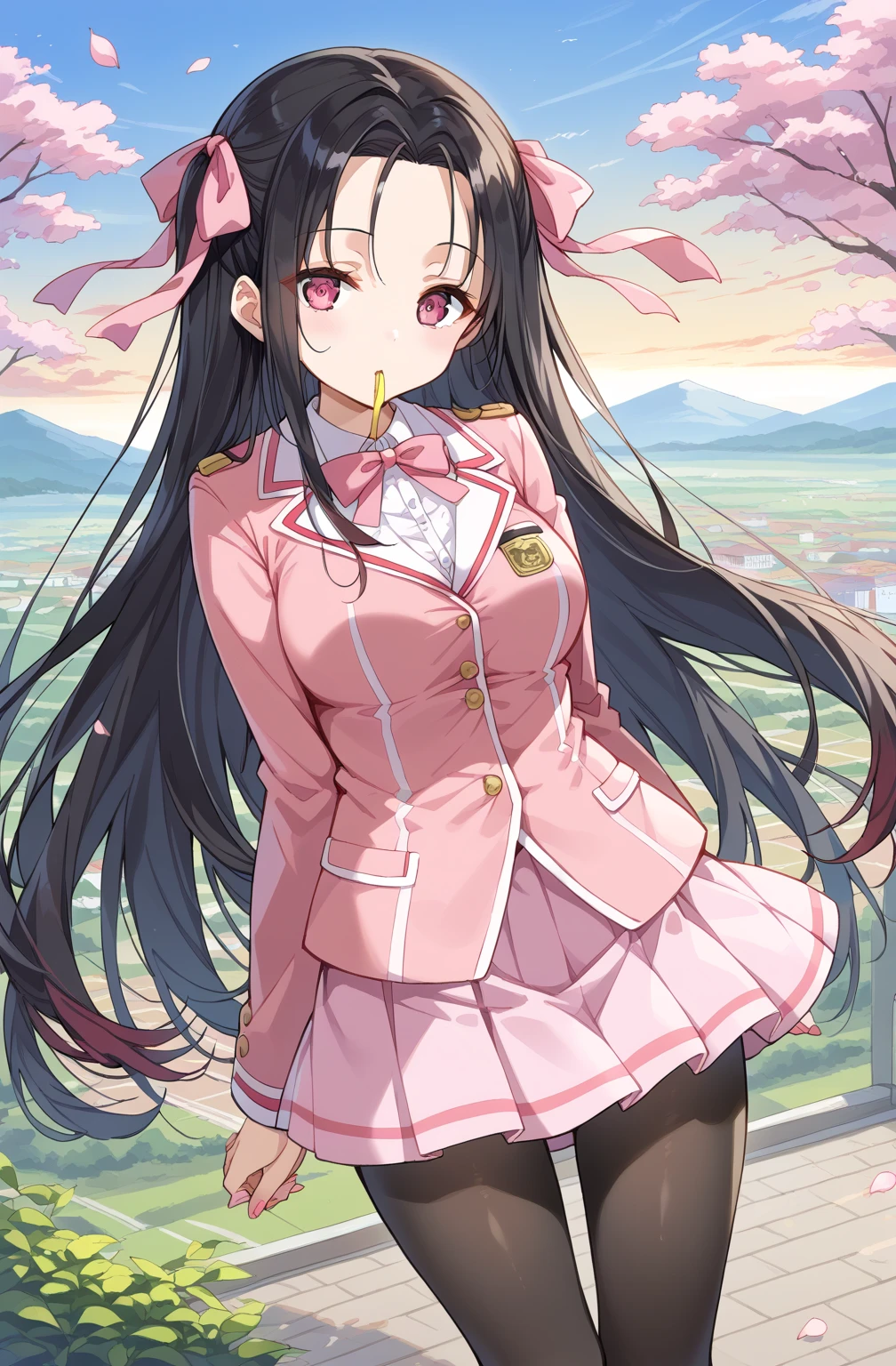 source_Cartoon, Morning Fragrance  ,    deep black hair with red ..很長Target髮, , 超長Target髮,  Pink Eyes , ribbon, Black pantyhose . black horse boots' forehead ..Front.. hair ribbon ,  Gamemun Neko ,,  1 girl in , A brown , Ahead,  hair ribbon , common, long hair,  Black and Red Hair  ,  Pink Eyes , ,  pink nails , pink ribbon,   ribbon bow  ,  ,  Beautiful Japanese old city landscape, ((Target&#39;artwork)), Chew bamboo with your mouth,...pink uniform..Short skirt...