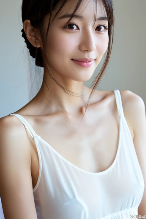 neat college girl、(Long white silk camisole、white panties)、(Slimed、small tit)、Photorealsitic、detaileds, Skin Texture, ultra-detailliert、Delicate and sexy collarbone、A smile、Super Detailed Face、Detailed lips、A detailed eye、二重まぶた、20 years girl、((Nipple bumps、Wet White Sheer Camisole))、brown bun hair