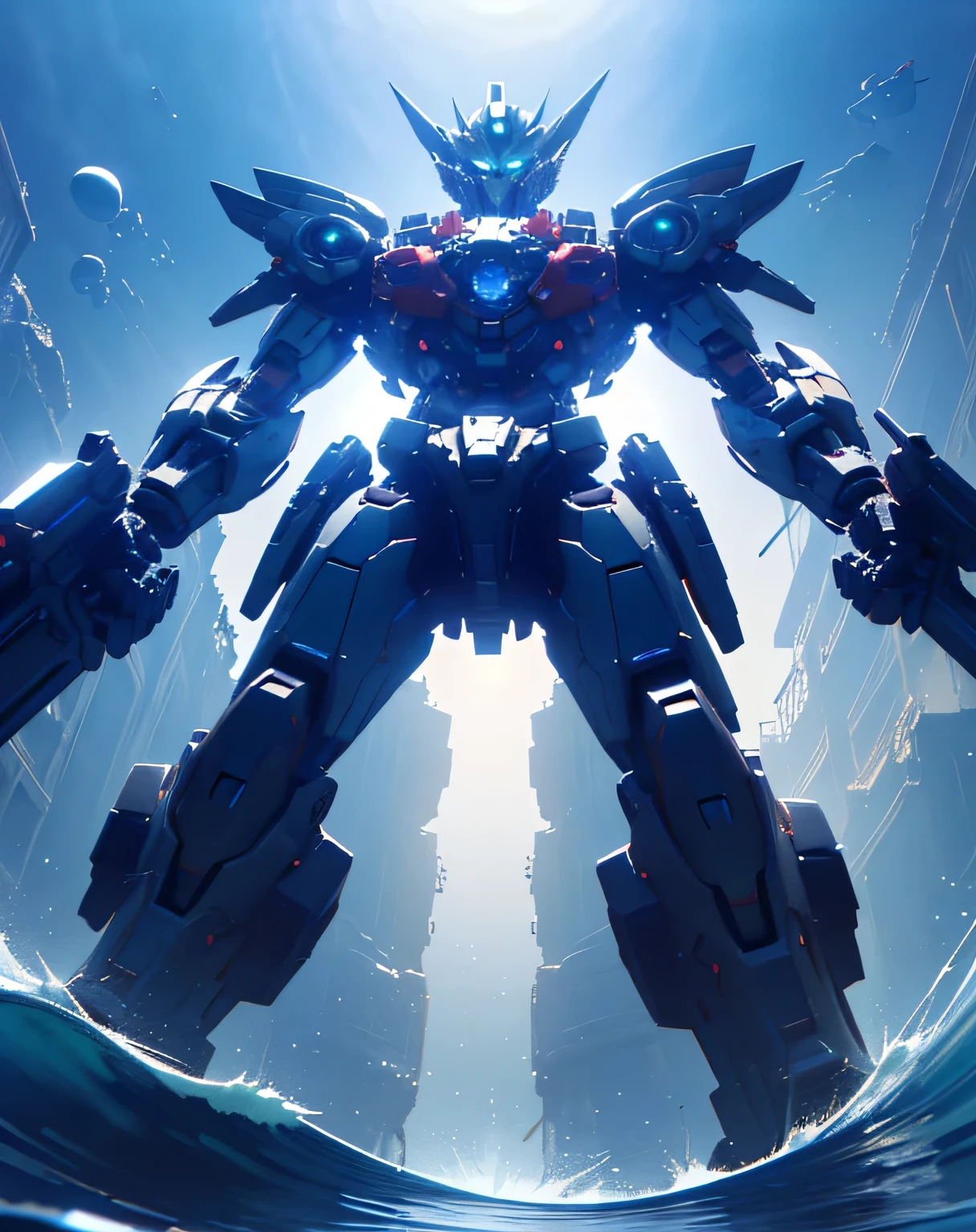 (( dynamic movement)), red giant robot, Blue Chest,  streamlined armor , ( rendered in Unreal Engine 5 , Black Octane Rendering, Super detailed with octane rendering ,  rendered with 8K Unreal Engine ,  rendered with Unreal Engine 6 ,  high detail iconic characters ,   8k octane rendering photorealistic,  Unreal Engine 5 Render ,  rendered in Unreal Engine 5 , Detailed images, Ultra-precision), metallic, My eyes are glowing green, ((sea, Wave, Lots of water splashes: 1.5, Multiple spherical flying objects )), (from below: 2.0), EdobLandscapeAlpha, (32K,  Ultra High Definition), Nijimecha, Holding a large sword, Symmetrical head , (view from front),  don't look at me, absract art