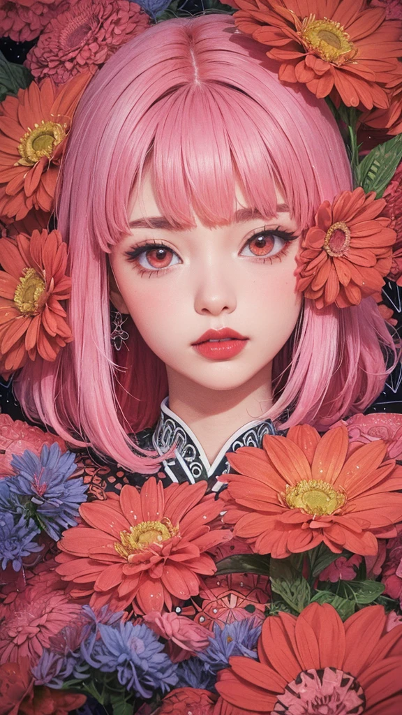 (ultra-  detailed background ,   detailed background ),   absurd,   high resolution down , Super detailed,   extremely detailed,   1 girl, Yae Miko,   Pink Hair,  Red eyes,Bright red lips, (bouquet:1.3), (Zentangle:1.2), (Geometric:1.2),( colorful ),red flowers dotted with , color accents ,