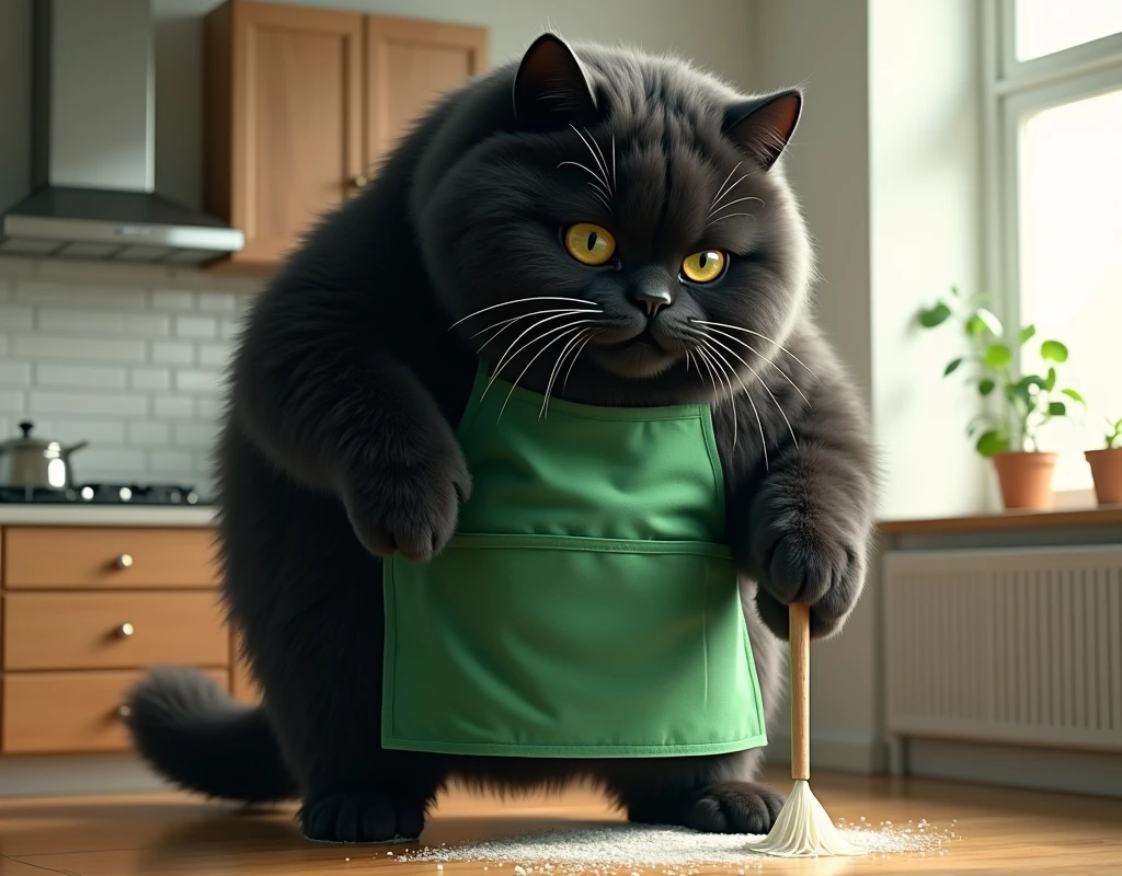 live-action,  super reality, huge fluffy black cat ,  bipedal:1.5, Bad look in the eyes:1.2,  gray coat from face to stomach:1.3, Huge fluffy black cat in a green apron , living:1.3, cleaning機, cleaning,  masterpiece, UHD, high details, best quality,  highres icon, 16k