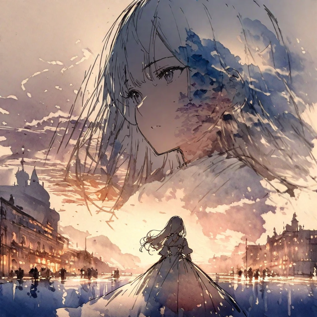 ((sketch:1.5)), ((watercolor:1)), Double Exposure of a Beautiful and Delicate Woman (The face is clear and perfect)image，Background、 Perfect Super Detailed Victorian Scenery , beautiful, beautiful笑顔, complicated illustration,  Artwork Concept Artwork, break,(When making requests, make 、 others want to do it),