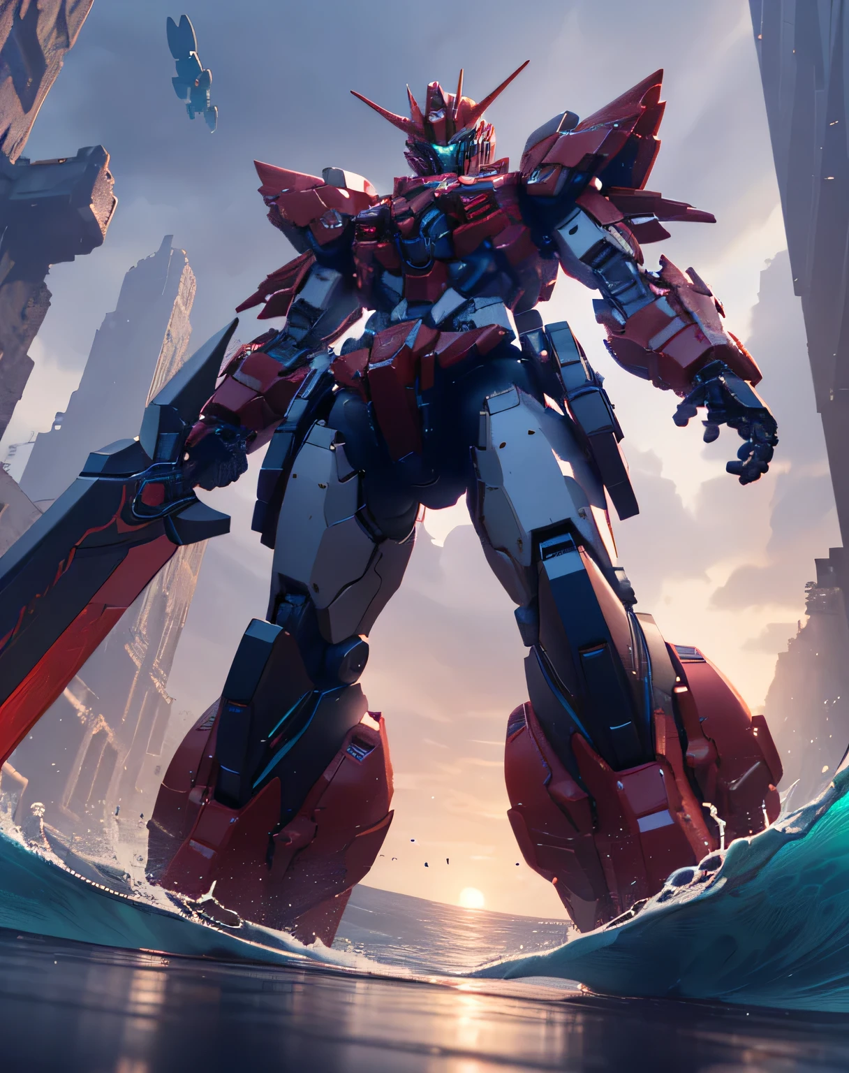 (( dynamic movement)), (red giant robot, Blue Chest, streamlined armor ), ( rendered in Unreal Engine 5 , Black Octane Rendering, Super detailed with octane rendering , rendered with 8K Unreal Engine , rendered with Unreal Engine 6 , high detail iconic characters , 8k octane rendering photorealistic, Unreal Engine 5 Render , rendered in Unreal Engine 5 , Detailed images, Ultra-precision), metallic, My eyes are glowing green, ((sea, Wave, Lots of water splashes: 1.5, Multiple spherical flying objects )), (from below: 2.0), EdobLandscapeAlpha, (32K, Ultra High Definition), Nijimecha, Holding a large sword, Symmetrical head , (view from front), don't look at me, ((absract art))