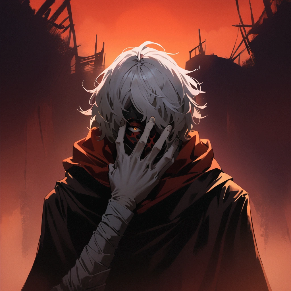 "A mysterious character with messy, white-gray hair stands against a red and orange sunset sky, partially covering their face with a large, realistic hand attached to a strange, mask-like object. The character has an intense, unsettling expression visible through their fingers, conveying a sense of menace and inner turmoil. Shadows accentuate their facial features and the hand's details, with dark, tattered clothing on their body. The background has a dramatic sunset gradient, adding an ominous atmosphere to the scene."