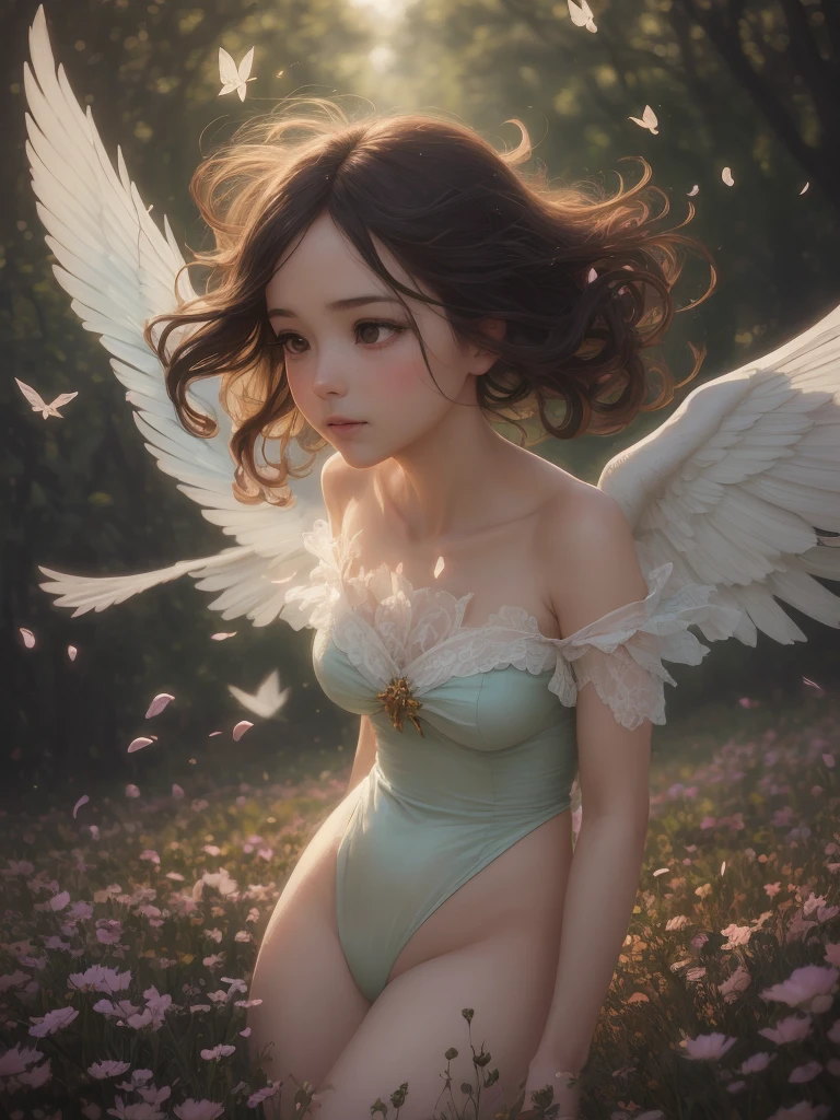 "((Innocent)) girl, golden hour, dreamy meadow, ethereal, whimsical, flowing skirt, soft sunlight, enchanting, butterfly wings, (pastel clouds), liquid reflections, squatting, legs open, panties