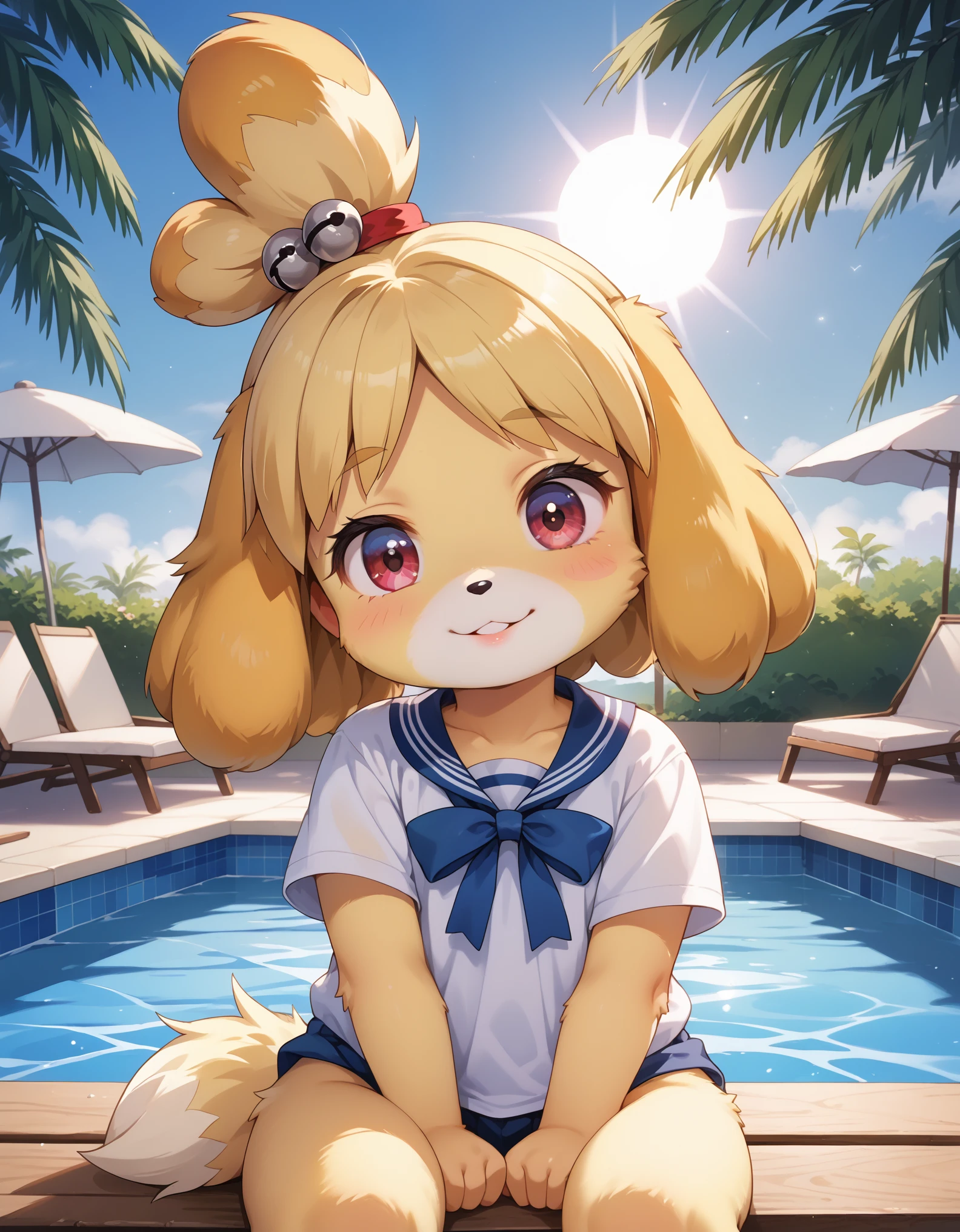 score_9, score_8_up, score_7_up, rating_questionable,, uploaded on e621, ((by Pino Daeni, by Ruan Jia, by Fumiko, by Levelviolet, by Supplesee)), kemono, dagasi, solo female isabelle \(animal crossing\) in animal form with tiny and short body with yellow fur (wearing pink shirt) with leaf patterns and (no pants) and white belly and top knot and (bells), (feral), (flat chest), (detailed fluffy fur), (half-lengthportrait, front view, looking at viewer), BREAK, (sitting in hotel swimming pool bench with plant and flower), (detailed background, depth of field, half body shadow, sunlight, ambient light on the body), (intricate:1), (high detail), (unreal engine), (soft focus), [questionable content], (masterpiece, best quality, 4k, 2k, shaded, absurd res)