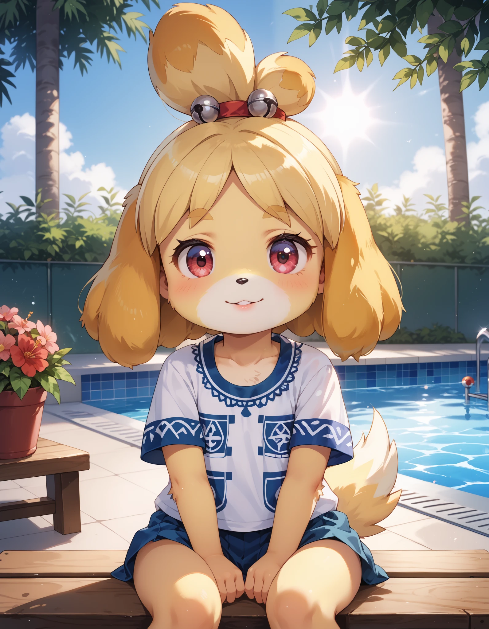 score_9, score_8_up, score_7_up, rating_questionable,, uploaded on e621, ((by Pino Daeni, by Ruan Jia, by Fumiko, by Levelviolet, by Supplesee)), kemono, dagasi, solo female isabelle \(animal crossing\) in animal form with tiny and short body with yellow fur (wearing pink shirt) with leaf patterns and (no pants) and white belly and top knot and (bells), (feral), (flat chest), (detailed fluffy fur), (half-lengthportrait, front view, looking at viewer), BREAK, (sitting in hotel swimming pool bench with plant and flower), (detailed background, depth of field, half body shadow, sunlight, ambient light on the body), (intricate:1), (high detail), (unreal engine), (soft focus), [questionable content], (masterpiece, best quality, 4k, 2k, shaded, absurd res)