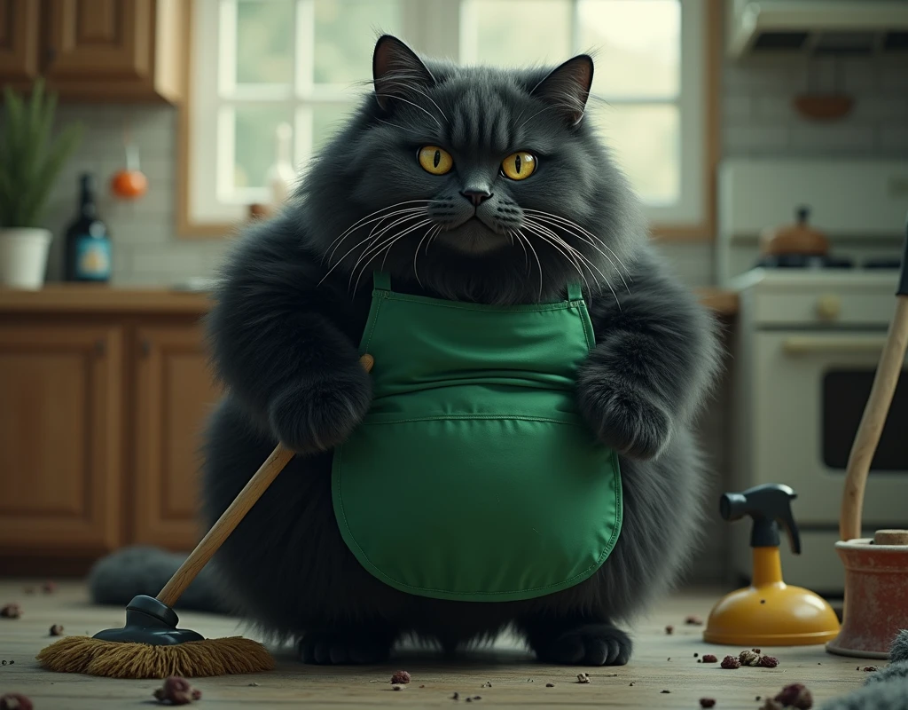 live-action,  super reality, huge fluffy black cat ,  bipedal:1.5, Bad look in the eyes:1.2,  gray coat from face to stomach:1.3, Huge fluffy black cat in a green apron , living:1.3, cleaning機, cleaning,  masterpiece, UHD, high details, best quality,  highres icon, 16k