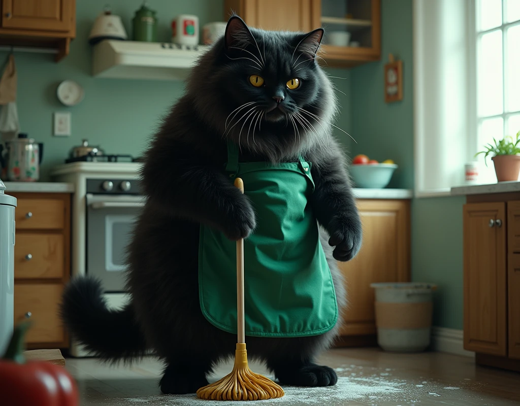 live-action,  super reality, huge fluffy black cat ,  bipedal:1.5, Bad look in the eyes:1.2,  gray coat from face to stomach:1.3, Huge fluffy black cat in a green apron , living:1.3, cleaning機, cleaning,  masterpiece, UHD, high details, best quality,  highres icon, 16k