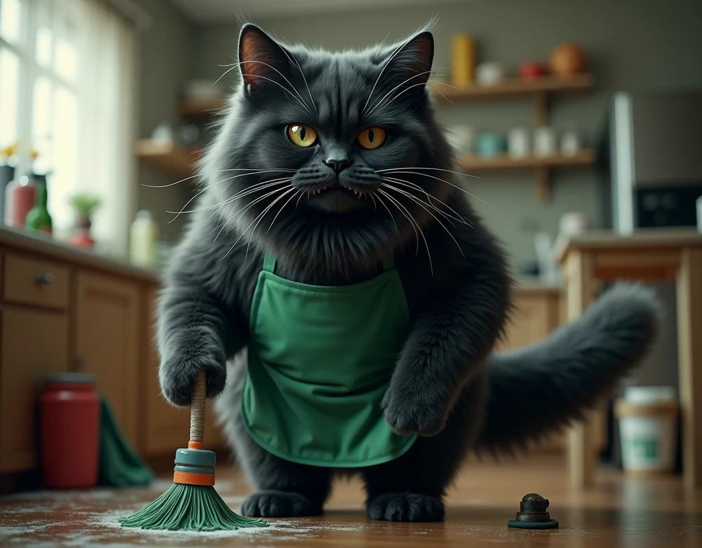 live-action,  super reality, huge fluffy black cat ,  bipedal:1.5, Bad look in the eyes:1.2,  gray coat from face to stomach:1.3, Huge fluffy black cat in a green apron , living:1.3, cleaning機, cleaning,  masterpiece, UHD, high details, best quality,  highres icon, 16k