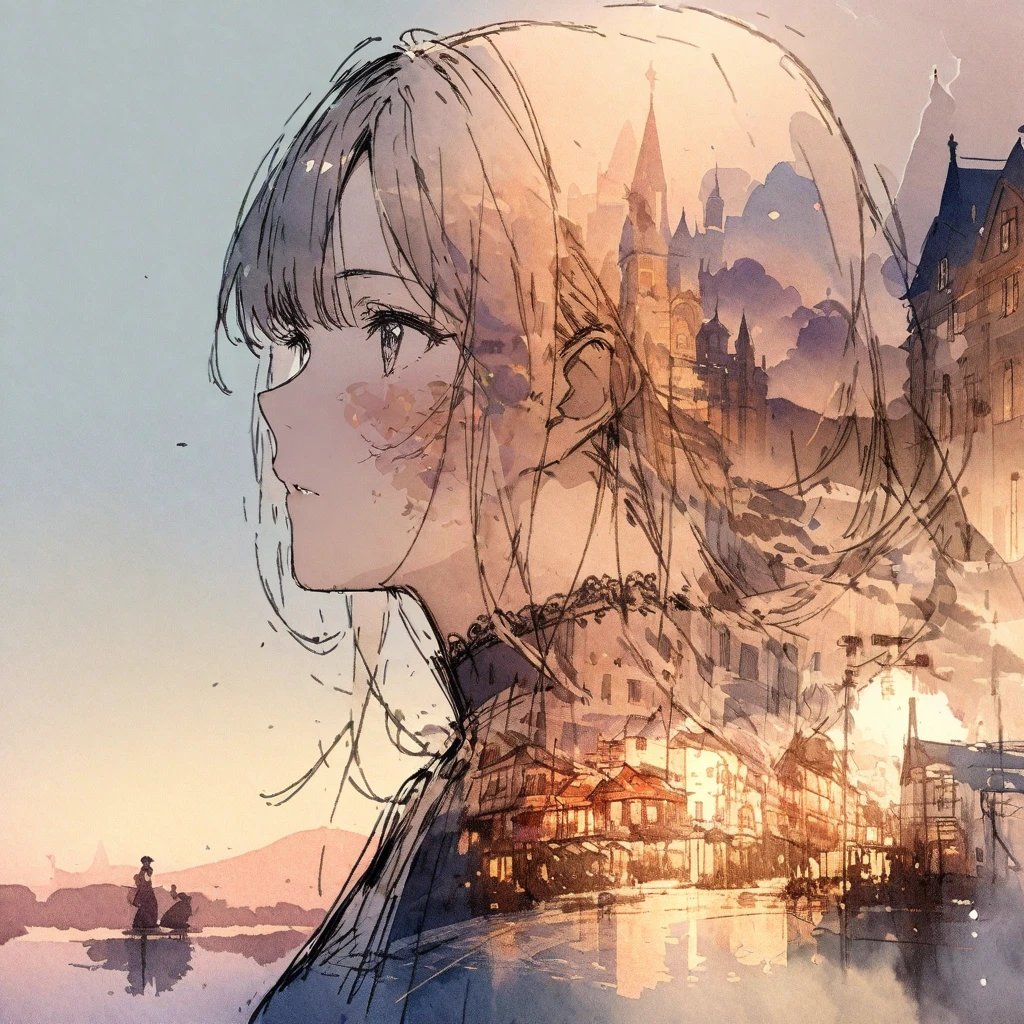 ((sketch:1.5)), ((watercolor:1)), Double Exposure of a Beautiful and Delicate Woman (The face is clear and perfect)image，Background、 perfect super detailed victorian landscape , beautiful, beautiful笑顔, complicated illustration,  artwork concept artwork, break,(どんな場合にも、 arrive 15 minutes before any occasion ),