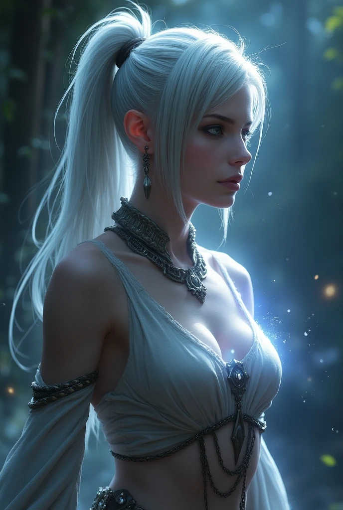 A serene scene of a woman bathing in a white robe, (far away), ((Hyper realistic:1.2)), ((early morning, foggy)), ultra detailed, realistic, 8k, (((sfw:1.4)))