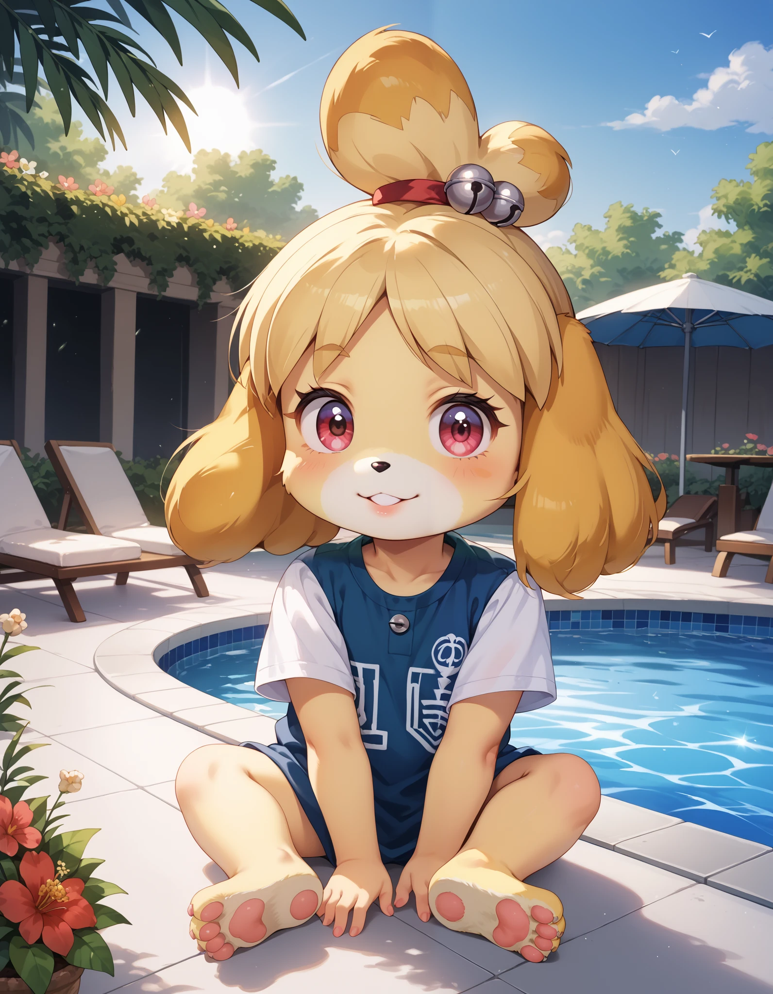 score_9, score_8_up, score_7_up, rating_questionable,, uploaded on e621, ((by Pino Daeni, by Ruan Jia, by Fumiko, by Levelviolet, by Supplesee)), kemono, dagasi, solo female isabelle \(animal crossing\) in animal form with tiny and short body with yellow fur (wearing pink shirt) with leaf patterns and (no pants) and white belly and top knot and (bells), (feral), (flat chest), (detailed fluffy fur), (half-lengthportrait, front view, looking at viewer), BREAK, (sitting in hotel swimming pool bench with plant and flower), (detailed background, depth of field, half body shadow, sunlight, ambient light on the body), (intricate:1), (high detail), (unreal engine), (soft focus), [questionable content], (masterpiece, best quality, 4k, 2k, shaded, absurd res)