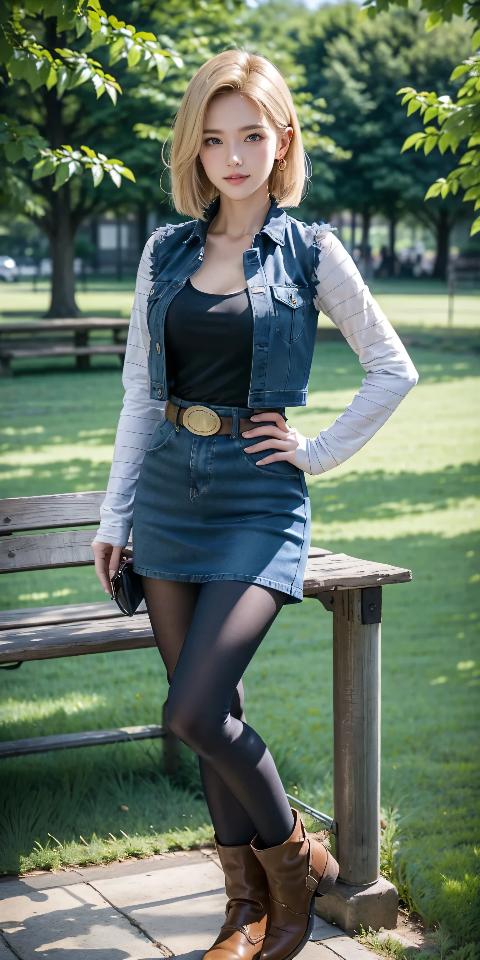 Android 18, Light Blonde hair, Medium Bob hair, Blue eyes, Wearing earrings, Long sleeves with black stripes on a white background, Blue denim mini vest, Blue denim mini skirt, The denim skirt's zipper seam line and stitching run vertically straight to the bottom of the skirt. , Open-chested denim vest, Black T-shirt with high cleavage, Large breasts, Women's Western Cowgirl Belt, Dark brown see-through pantyhose, Western short boots, Looking at viewer, Her whole body is visible on the screen, Her entire body is visible on the screen, from her head to her boots, On a bench, Slight smiling with closed lips standing next to bench , Blue sky, , outside, park, grass, Summer, trees, blue sky, high quality, masterpiece,