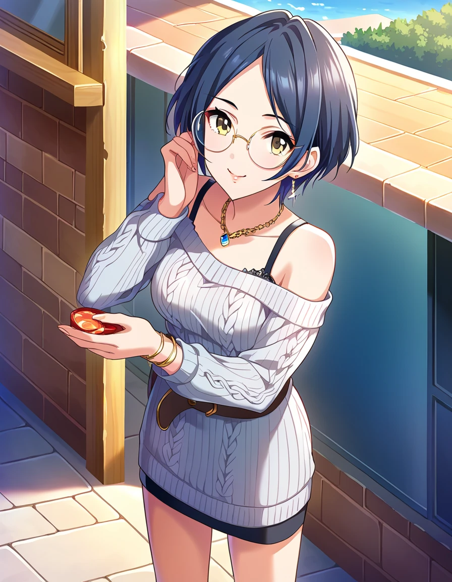  score_9,  score_8_up,  score_7_up, sauce_Anime,
 1 girl, Beautiful woman, Alone, Fob, Date,  watching viewers, the above, smile, My cheeks on my hands,  Outdoor, street,  building , boutique,  display window, day,  blue sky, day光, 
 Hymns,  short hair,  blue hair, Split bangs,  medium breasts,  yellow eyes,
lipstick,  detail eyes , eyelash,  eyeliner ,  jewelry,  necklace ,  Bracelets,  earrings for a woman alone, 
 casual dress, 
 round eyewear , 
 sweater dress,  off-shoulder のセーター, Grey sweater,  bare shoulders,  off-shoulder ,   long sleeve ,   from sleeve to wrist  , belt,  black knee-highs, Absolute territory,