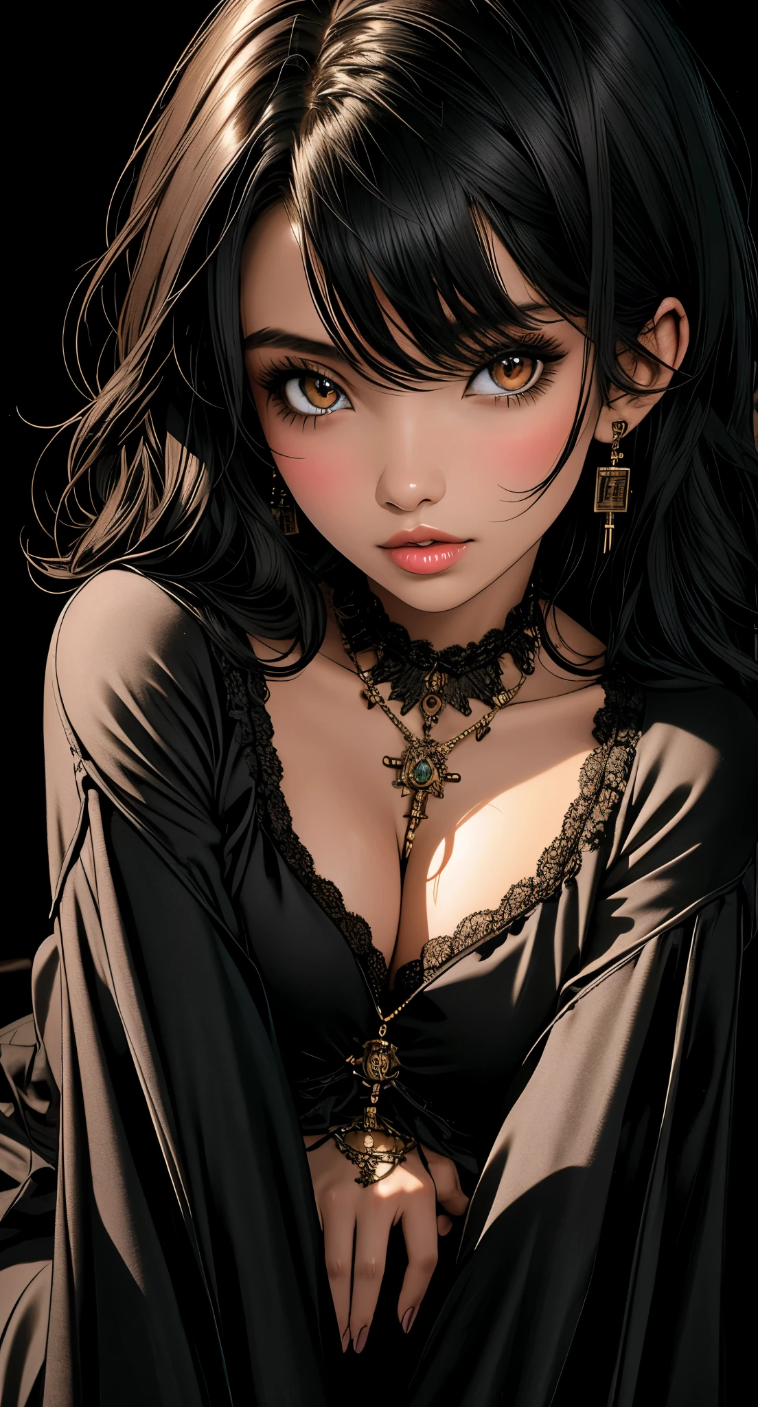 1 milf girl, dark atmosphere, highly detailed skin,, cleavage,old Japanese style village,8k quality, ultra sharp, ultra realistic detailed, dark atmosphere, dark colors, beautiful maiden dress, vibrant colors, black rose in hair