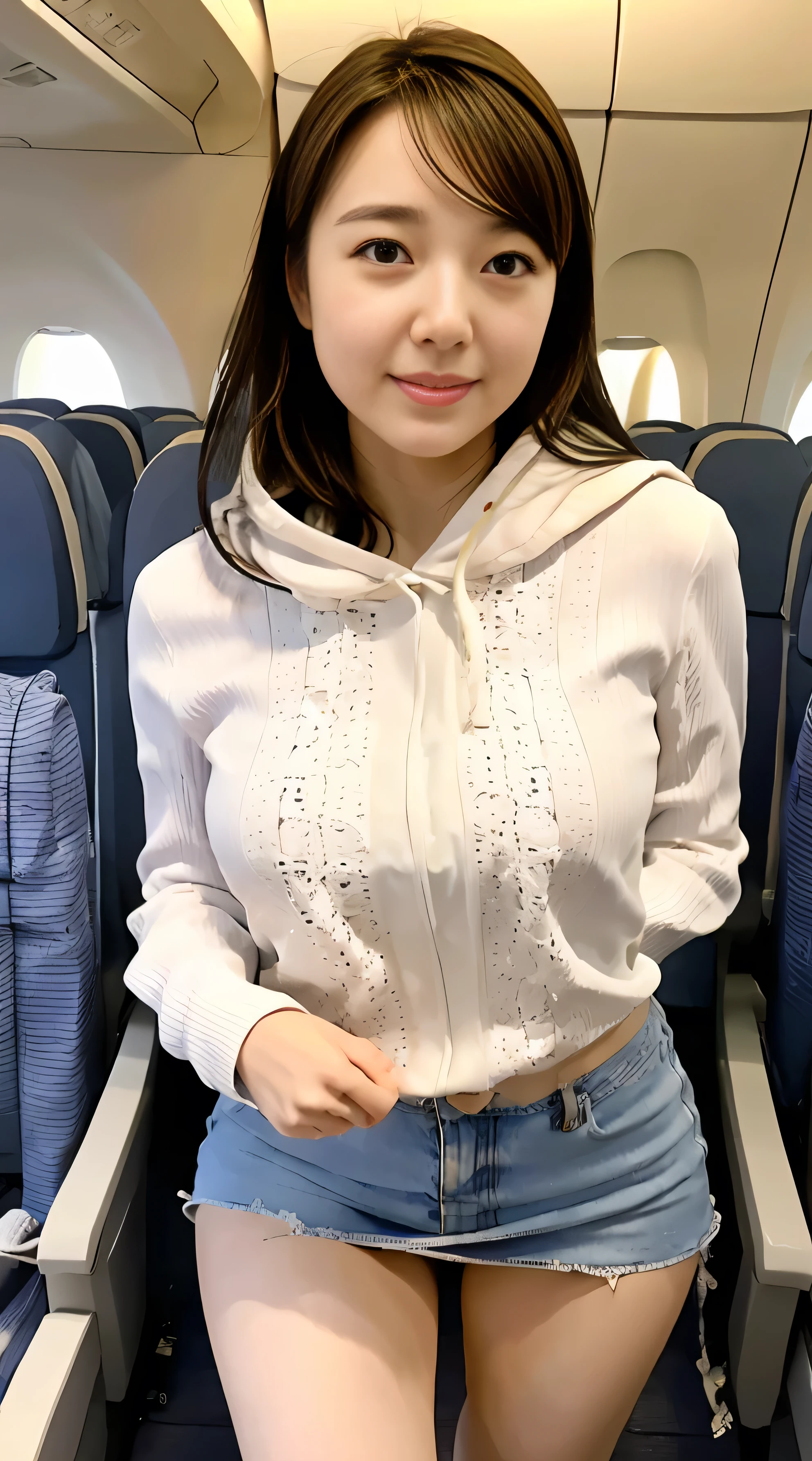highest quality, masterpiece, 8k, 超A high resolution, (Photoreal:1.4), 1 girl、beautiful face、symmetrical eyes、big breasts、perfect body proportions、hooded hoodie、denim mini skirt、look at the audience、(Inside the plane:1.2)、View from the front、shoulder、angle from below、view from below、Thigh emphasis、big breasts、seductive pose、pink lace panties、detailed lace panties、detailed skirt pattern、skirtlift