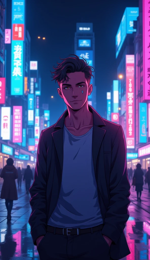 (Anime-style, vibrant city nightlife lighting) {a strikingly attractive man standing confidently on a bustling city street at night, illuminated by the glow of neon lights reflecting off nearby glass buildings}. He has a magnetic, confident gaze and a smirk that exudes charm, with his posture relaxed and casual yet commanding attention. (Moody backlighting) from neon signs casts a mixture of blues, purples, and pinks across his face, highlighting his features and creating a seductive glow. His clothes are sleek and elegant, fitting him perfectly, enhancing his allure. (Medium shot) to capture both his confident expression and the dazzling urban environment behind him. The blurred city lights add a dreamy, cinematic feel, with soft shadows and reflections giving depth to the scene. (Vivid, dynamic color grading) with deep blues, purples, and hints of neon pink, enhancing the nighttime city atmosphere with a cool, sophisticated edge.