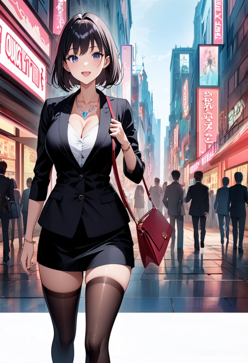 8K, (masterpiece, best quality:1.3), ((bokeh)), (short focus lens:1.4), anime style, Japanese, 1 lady, medium shot, (face light), cinematic lighting, sharp focus, (Left to Right Balance), beautiful eyes, (Perfect Hands,Perfect Fingers,Perfect Limbs,Perfect Body,Correct Human Body,Perfect Image Realism,Perfect Anatomy),
(shiny skin, detailed skin),
(black hair1.3), center-parted short bob:1.3, purple eyes,
(black blazer, deep V-neck white collared dress shirt:1.3, cleavage:1.3, tight black mini skirt, black pantyhose), Silver chain necklace, piercings, silver bracelet, beautiful lawyer, professional and calm demeanor,
busty, sexy body, random porn pose, standing,
(lovely smile),
(beautiful scenery), (modern train station during daytime, spacious concourse, glass and steel architecture, sunlight streaming through large windows, people walking, digital information boards, clean and sleek design), very wide, panorama view, sense of depth, magnificent view,