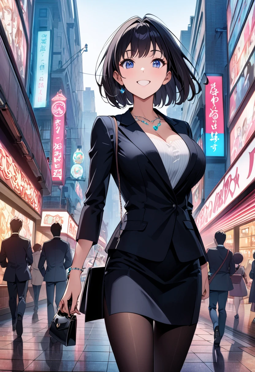 Best Quality、Ultra-precision、Detailed drawing、 vibrant colors、Beautiful girl 、Age 30、Woman walking in the city、Neon Signs、 black business suit 、 Black Stockings 、Skin gloss、Beautiful big boobs、Beautiful figure、Quick bob cut、 handbag 、A very ecstatic smile、 slender figure、Accurate depiction、 anime style illustration 、 jewel necklace 、 Bracelets、
